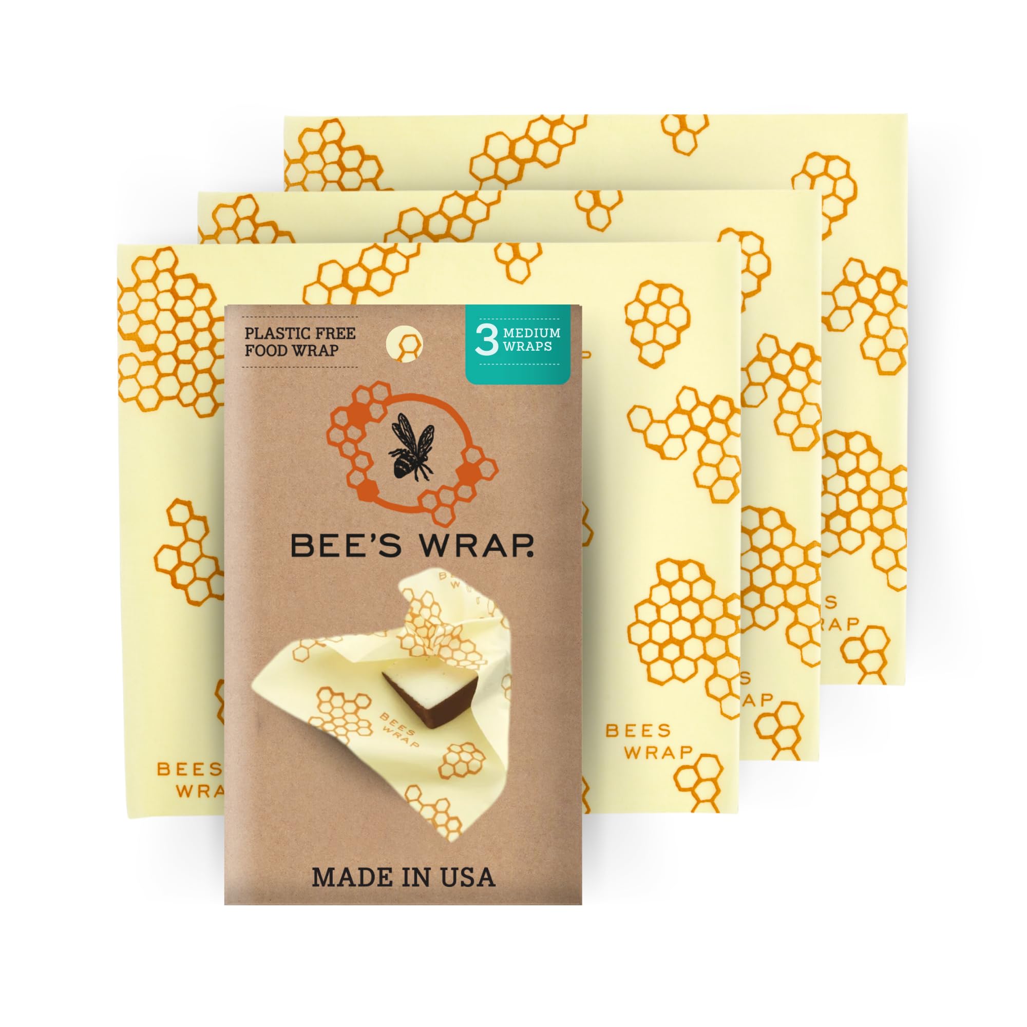 Bees Wrap Reusable Beeswax Food Wraps Made in the USA, Eco Friendly Beeswax Wrap for Food, Sustainable Organic Cotton, 3 Pack o