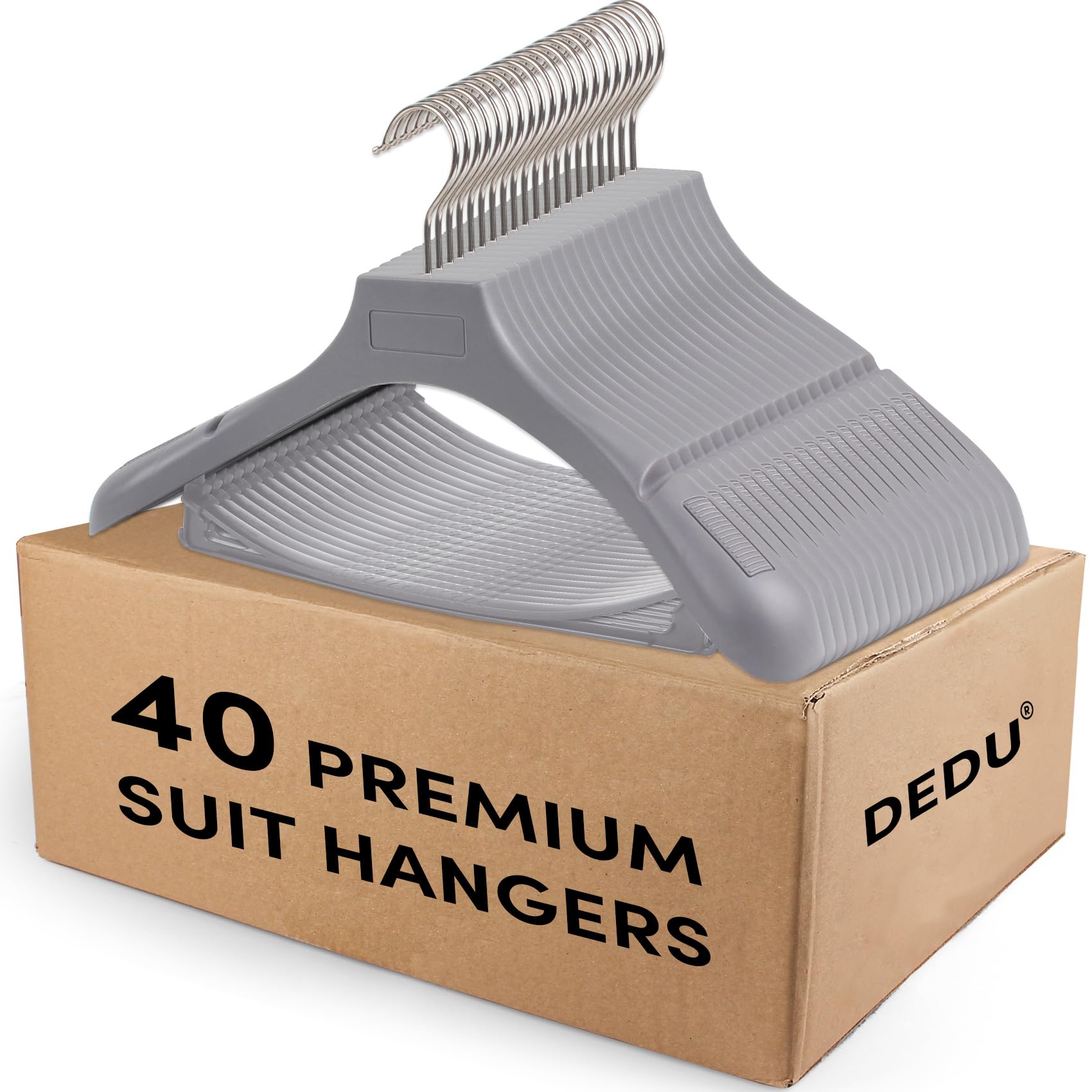 Dedu Suit Hangers For Men 40 Pack, Extra Wide Hangers Non Slip Width 17.7'', Grey Coat Hangers Thick Plastic With Pants Bar 360