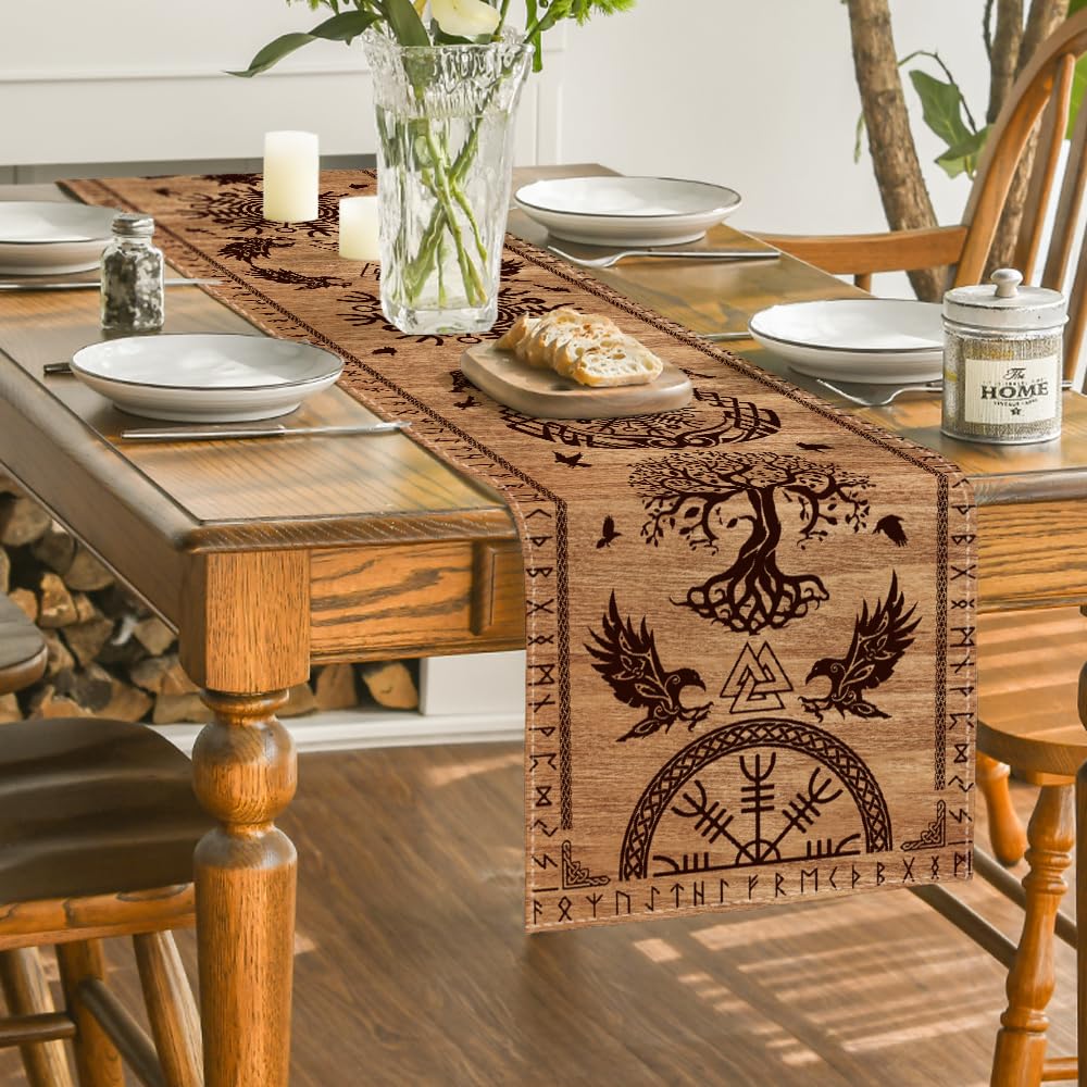 Artoid Mode Wood Viking Tree Of Life Raven Helmet Of Awe Table Runner, Seasonal Kitchen Dining Table Decoration For Home Party D