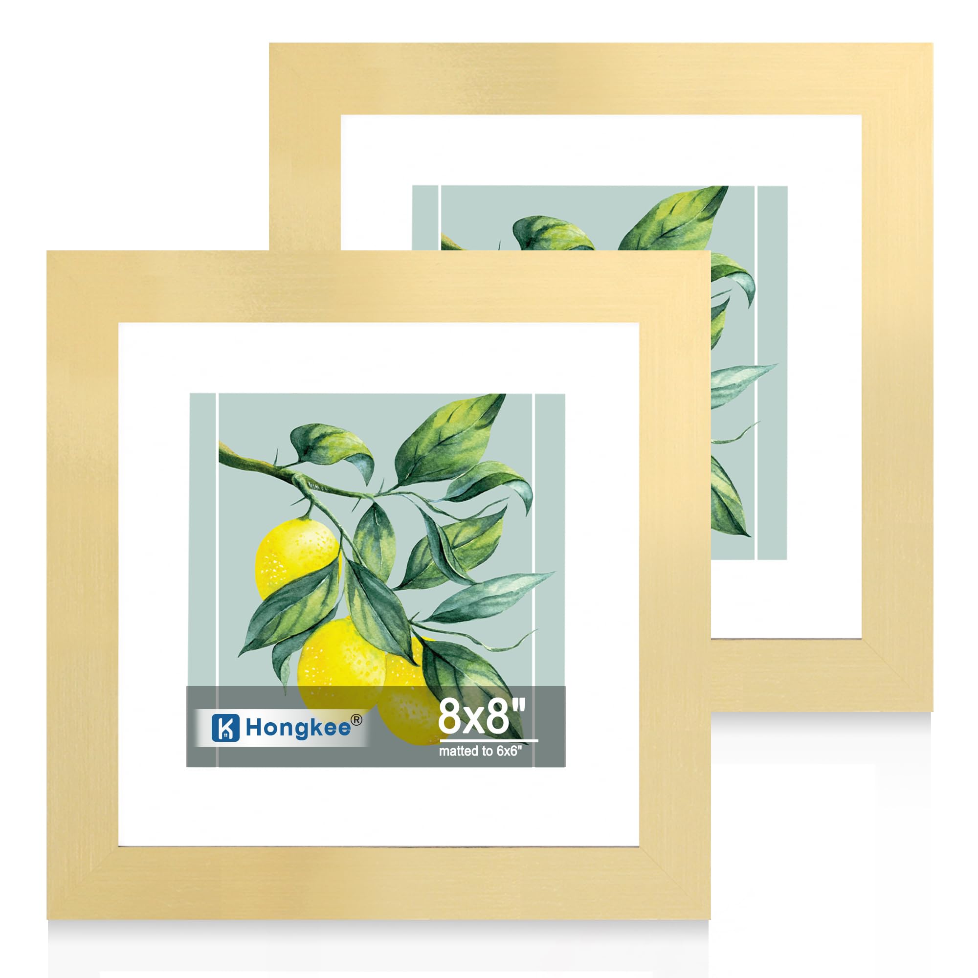 Hongkee 8x8 Picture Frame Set of 2, Made of Real Glass and Gold Wooden Frame - Display Square 6x6 with Mat or 8x8 Without Mat, 8