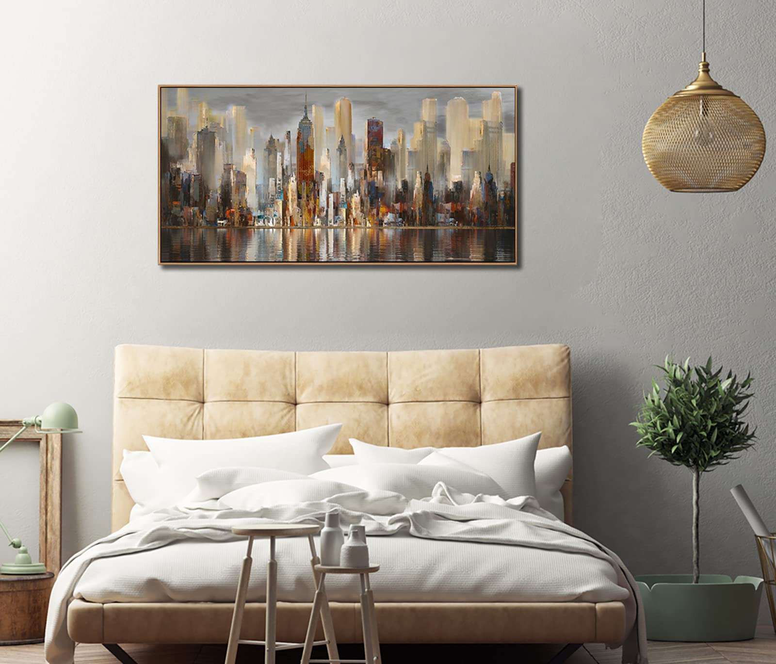 Living Room Wall Decoration, Large City Landscape, New York Wall Decoration, Abstract Brown Theme Painting, Bedroom Modern Canva