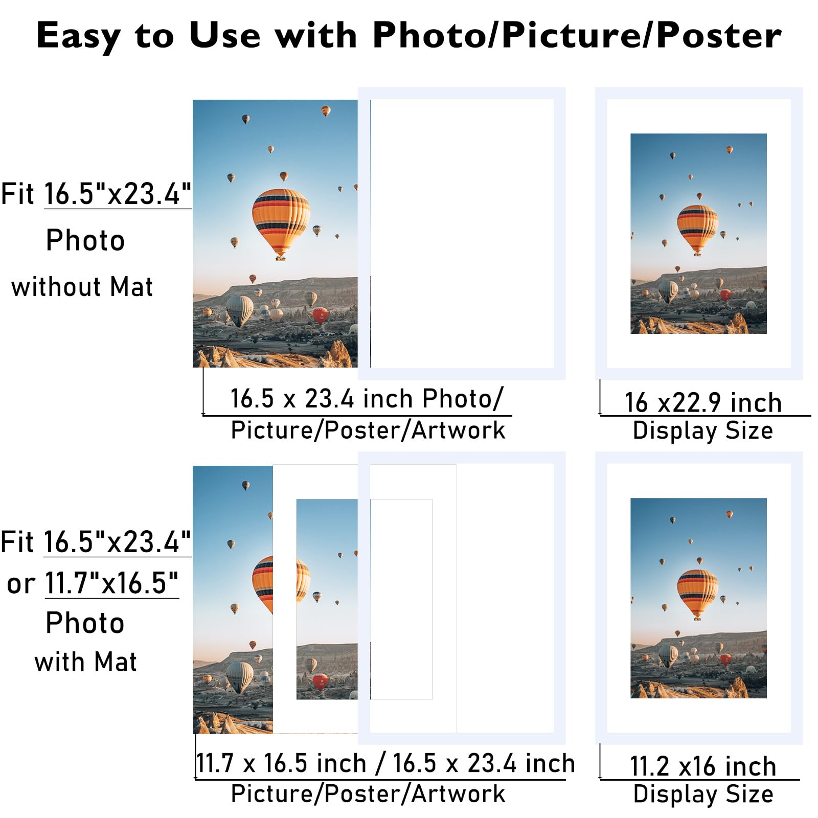 JCJMY 16.5x23.4 A2 Picture Frame White with 11.7x16.5 A3 Mat, Display Photo 11.7x16.5 with Mat or 16.5 x 23.4 Without Mat, Wall