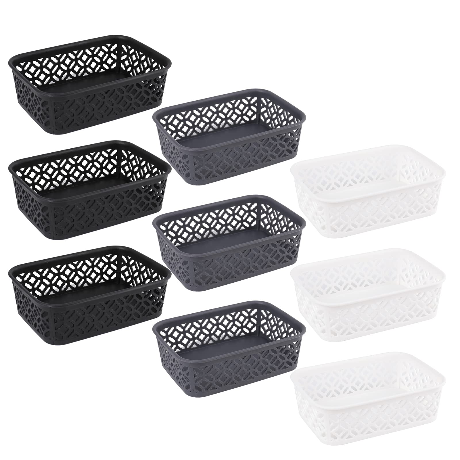 Zeayea 9 Pack Small Plastic Storage Baskets, Woven Design, Sturdy, Black, Gray, White, 7.7'' L X 5.5'' W X 2.4'' H