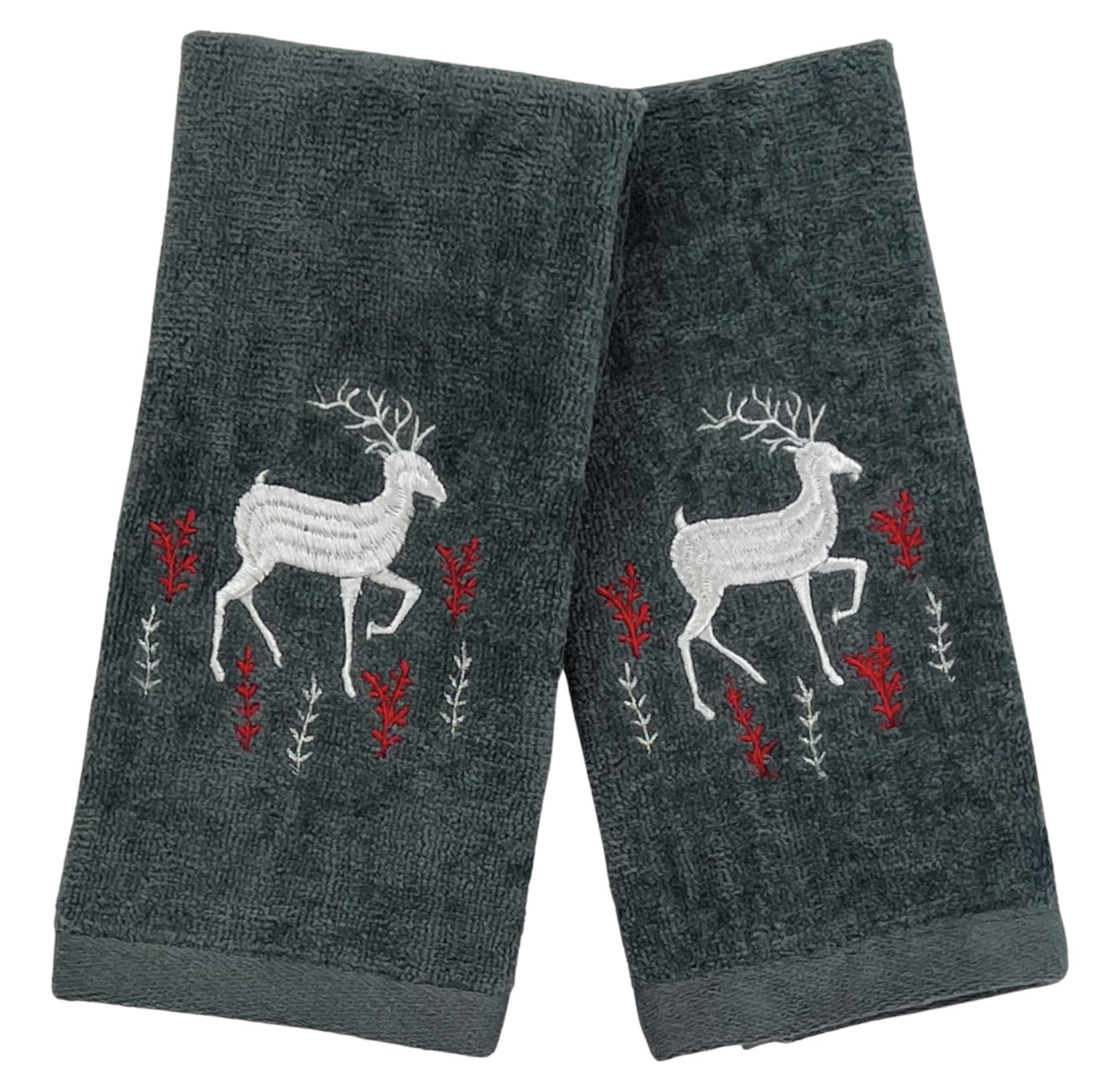 Holiday Christmas Cotton Towels: Noble Reindeer Buck Deer Design, Gray Silver Red White, Set Of 2