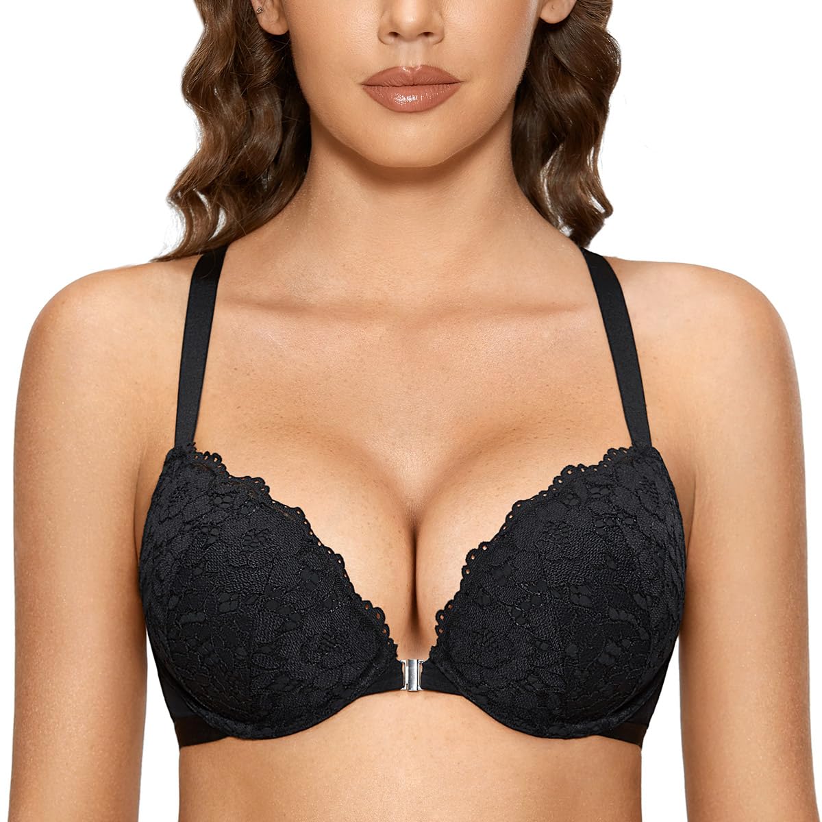 Dobreva Womens Push Up Bra Racerback Front Closure Bras Lace Padded Underwire Plunge Floral Black 38D