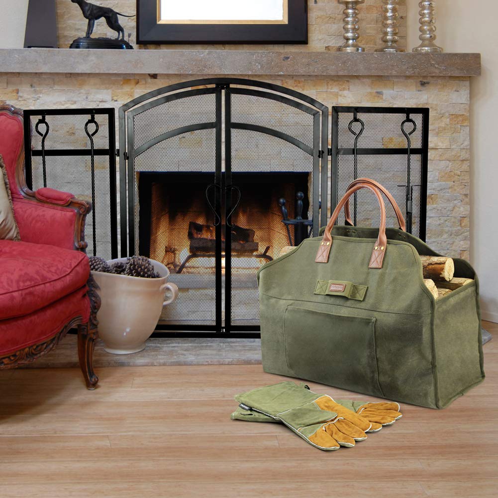 INNO STAGE Firewood Log Carrier Bag Waxed Canvas Tote Holder with Fireplace Pure Leather Gloves Set for Camping  BBQ Barbecue- Green Bag