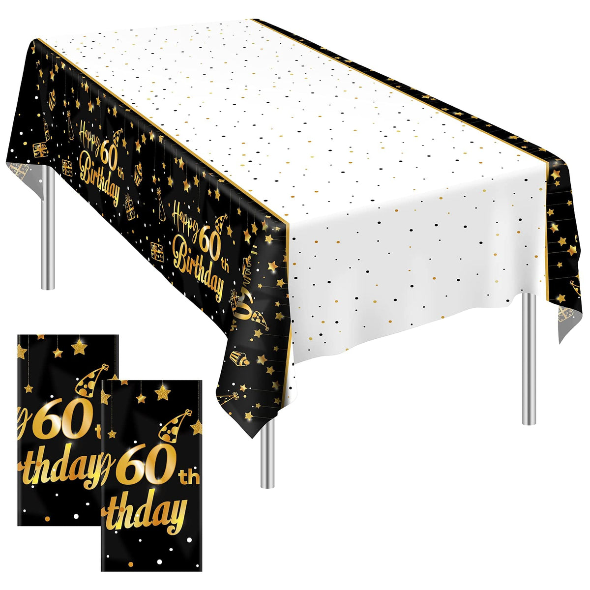 Ruisita 2 Pack Black Gold Table Cloth Cover Happy 60Th Birthday Tablecloth Party Tablecloths Rectangular Table Cloth Cover For I