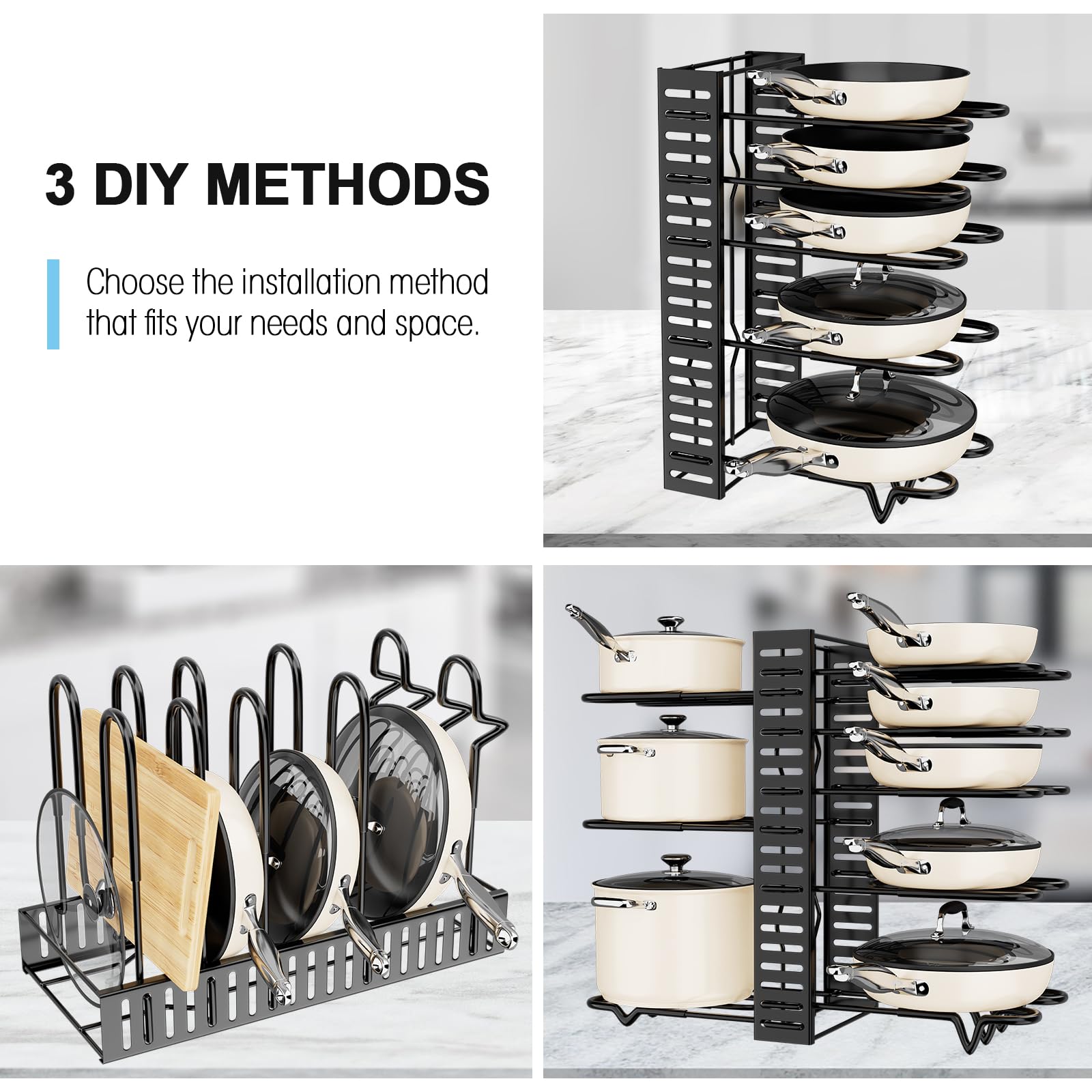 Pmyek Pots And Pans Organizer Rack For Cabinet - 8-Tier Adjustable Rack Heavy-Duty Under Cabinet Pot And Pan Storage - Perfect F