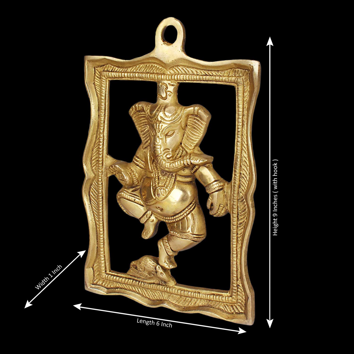 Kartique Ganesha Brass Wall Hanging Idol - Dancing Posture, 9 Inches Tall, Decorative And Auspicious Statue