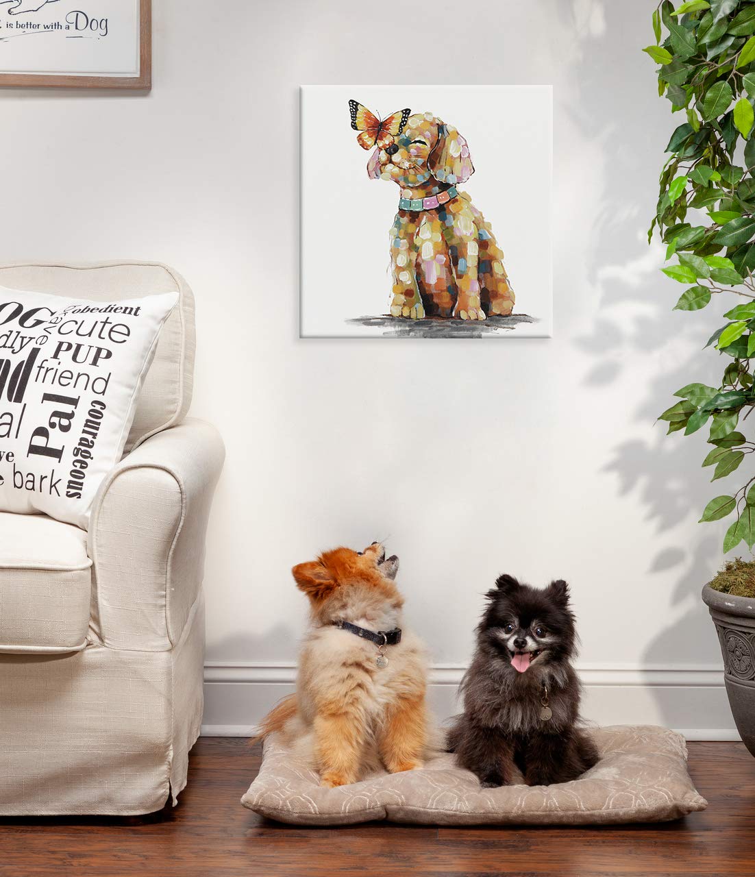 Seven Wall Arts Dog Canvas Wall Art Colorful Animal Picture Pet Puppy Butterfly Alighted On Dog Paintings Modern Framed Artwork