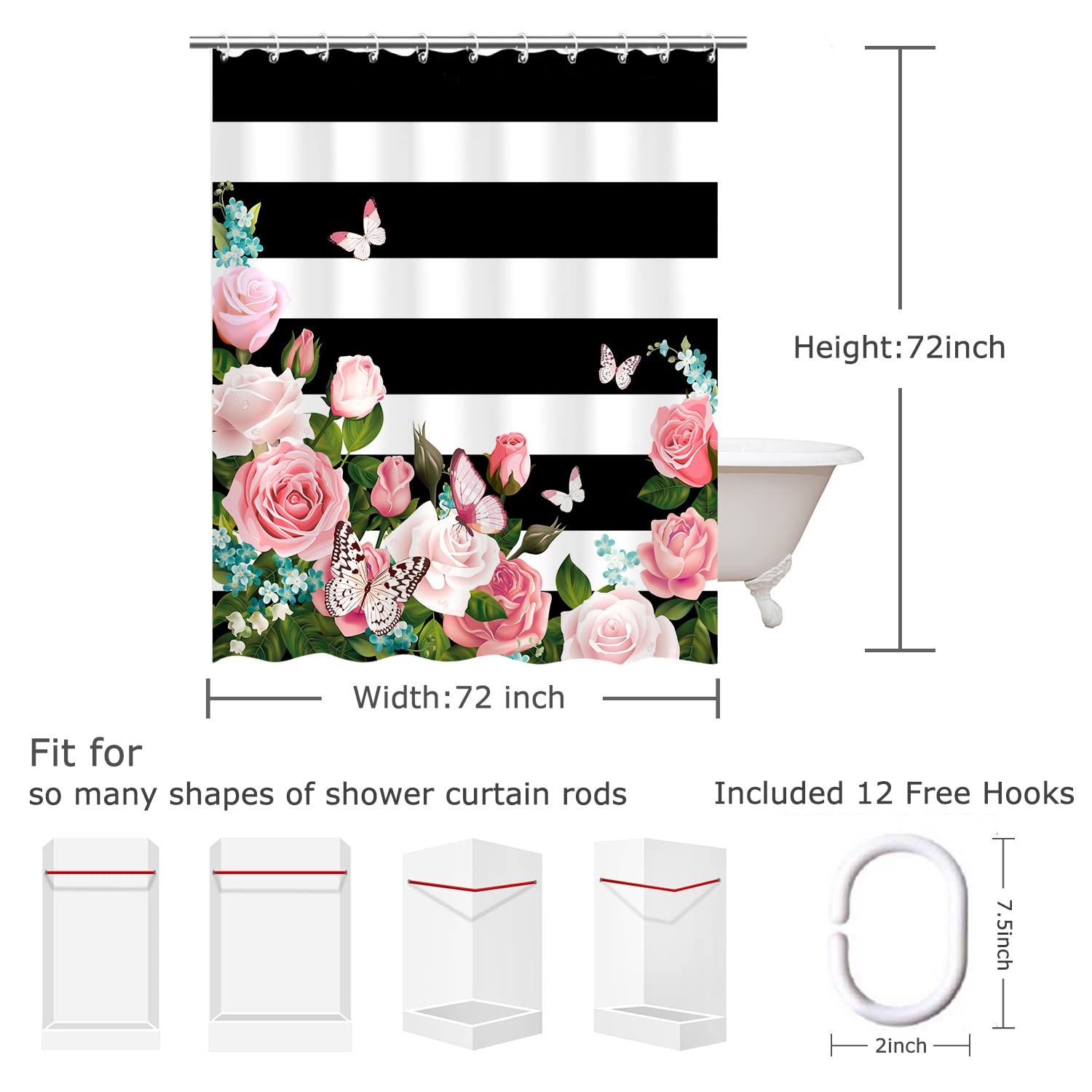 Livilan Striped Shower Curtain With Pink Roses, Pink Shower Curtain,Butterfly Shower Curtains Set With Hooks, Girly Shower Curta