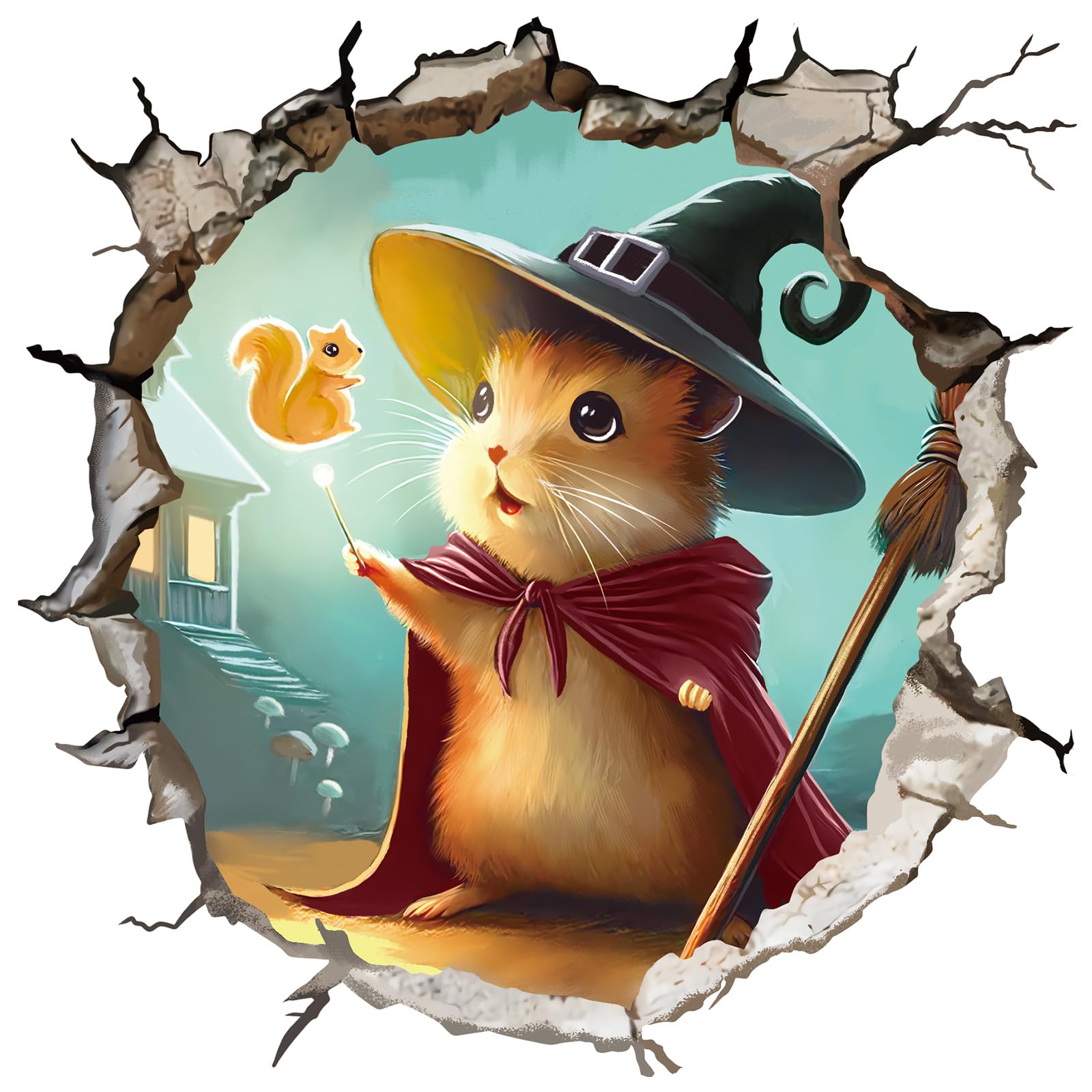 fufuquare Cartoon Wizard Mouse in 3D Mouse Hole Wall Decals Peel and Stick, Magical Rats with Glow Squirrel Wall Stickers for De