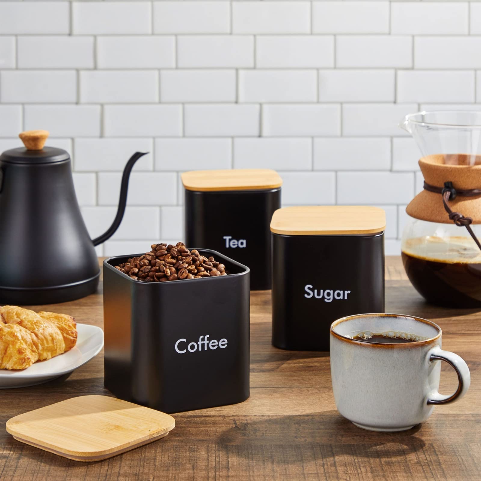 Juvale Set Of 2 Black Flour And Sugar Canisters For Kitchen, Iron Containers For Storage (40 Oz, 4.5 X 6 In)