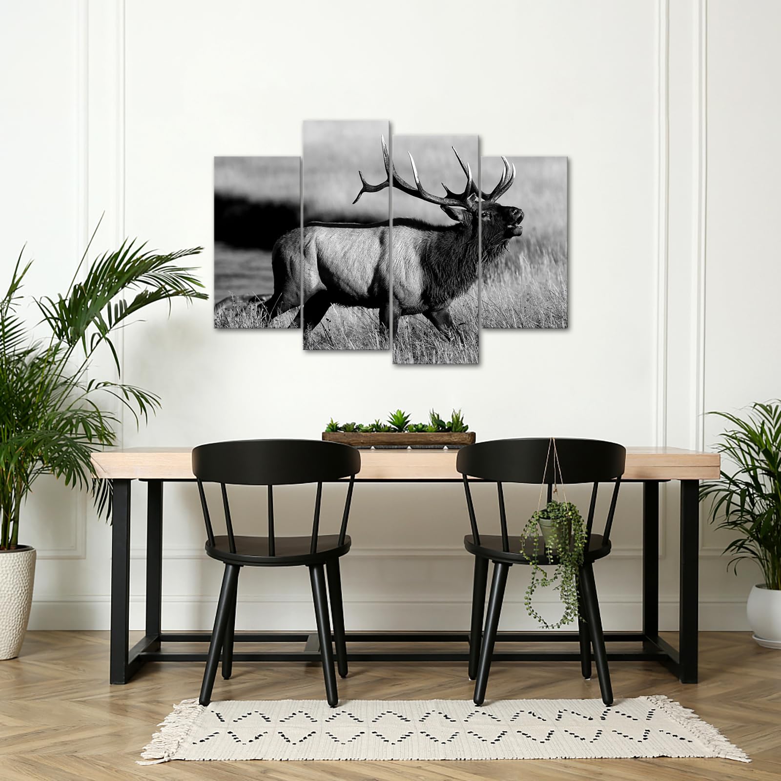 Levvarts - 4 Piece Animal Picture Black And White Bull Elk Canvas Wall Art Painting For Living Room Home Office Decor Modern Wil
