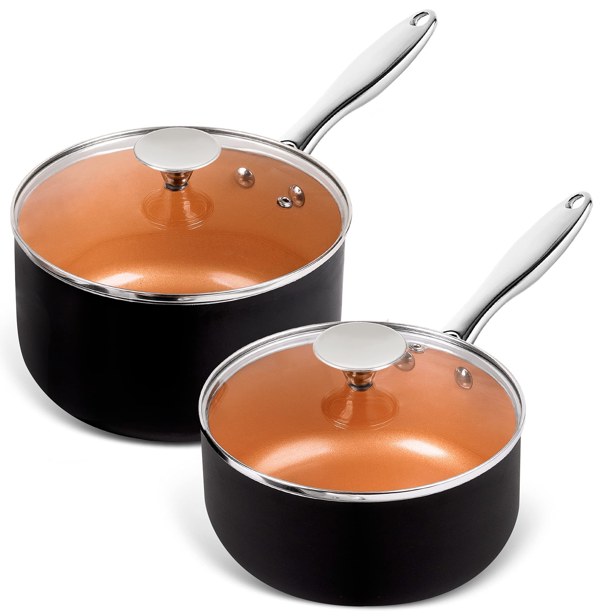 MICHELANGELO Saucepans, 2QT & 3QT Copper Saucepan Set With Non-stick Ceramic Interior For Multipurpose Use, Nonstick Saucepan Wi