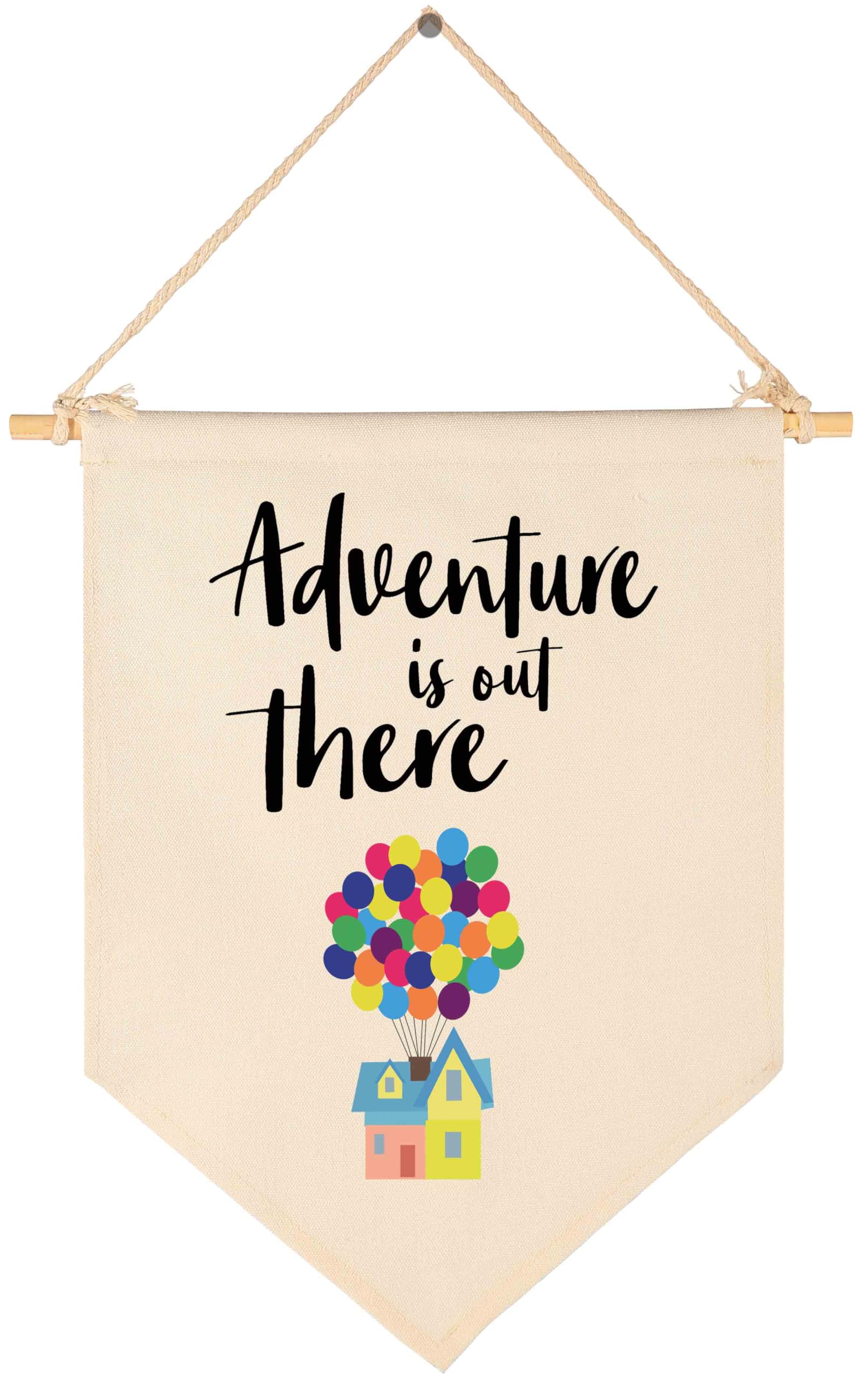 Adventure Is Out There -Canvas Hanging Flag Banner Wall Sign Decor Gift for Baby Kids Girl Boy Nursery Teen Room Front Door - Hydrogen Balloon  Travel Around the World