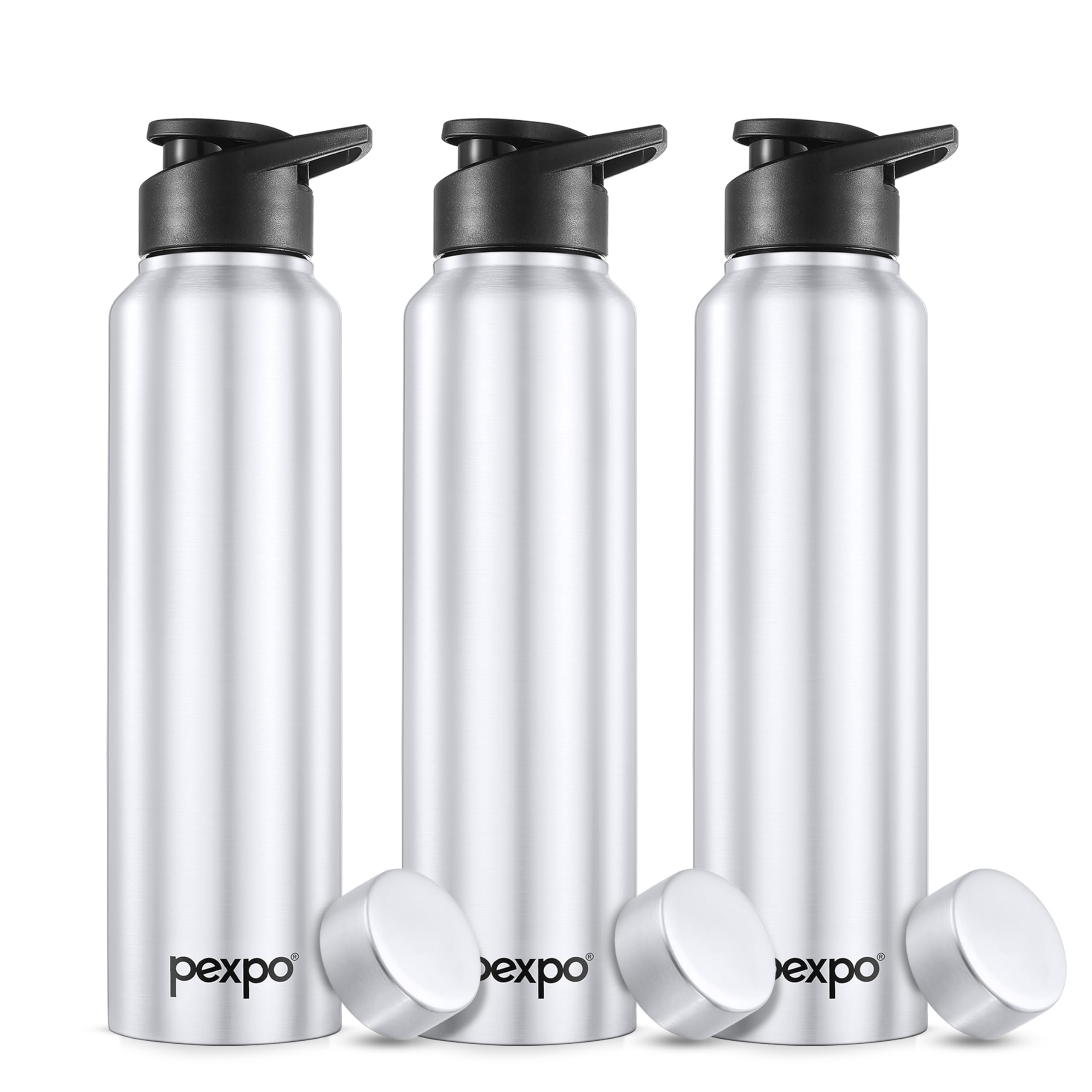 Pexpo Chromo 1000 Isi Certified Stainless Steel Sports/Fridge Water Bottle With Sipper & Steel Cap, 950Ml, Silver, Pack Of 3| Bp