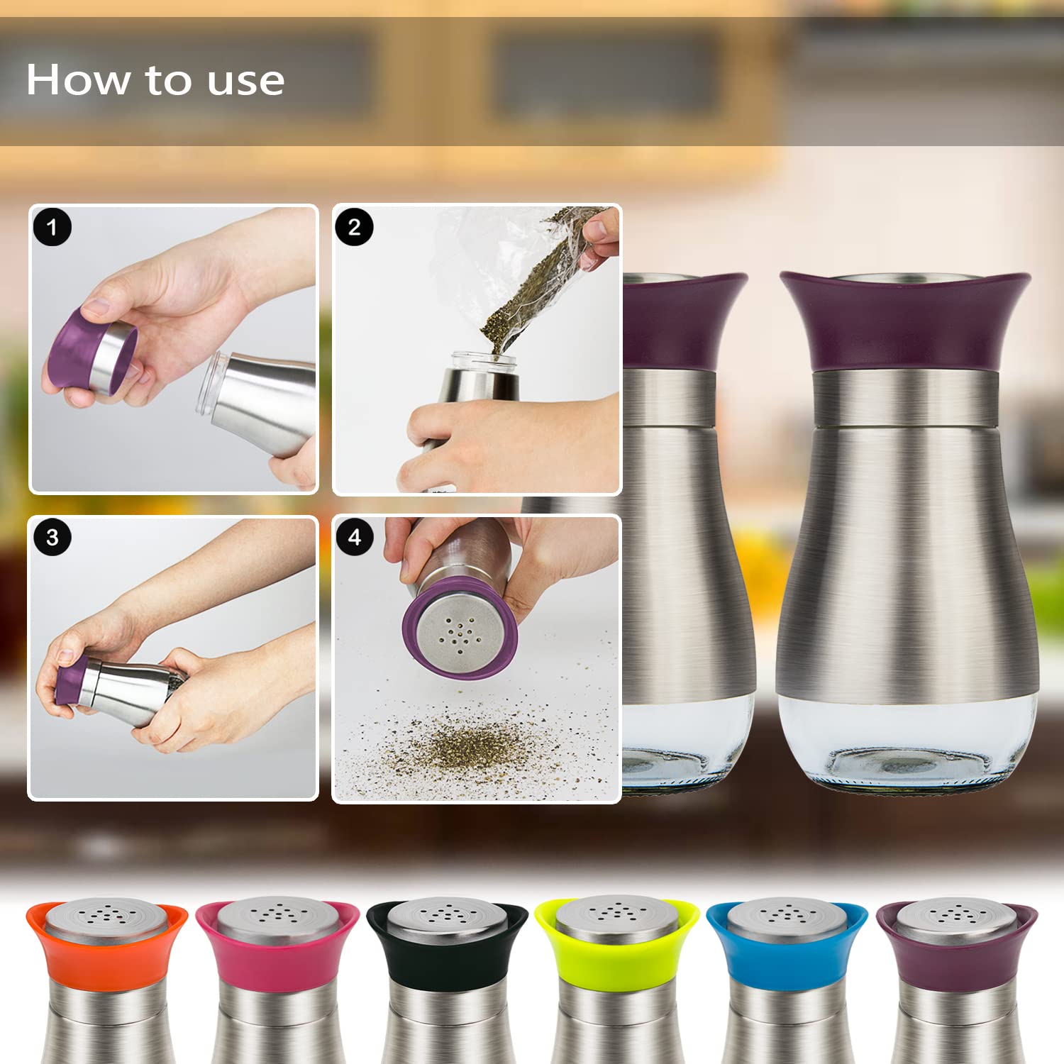 Evelyne Salt Pepper Seasoning Glass Shaker With Stainless Steel Cover 2 Pcs Pack Set (Purple)