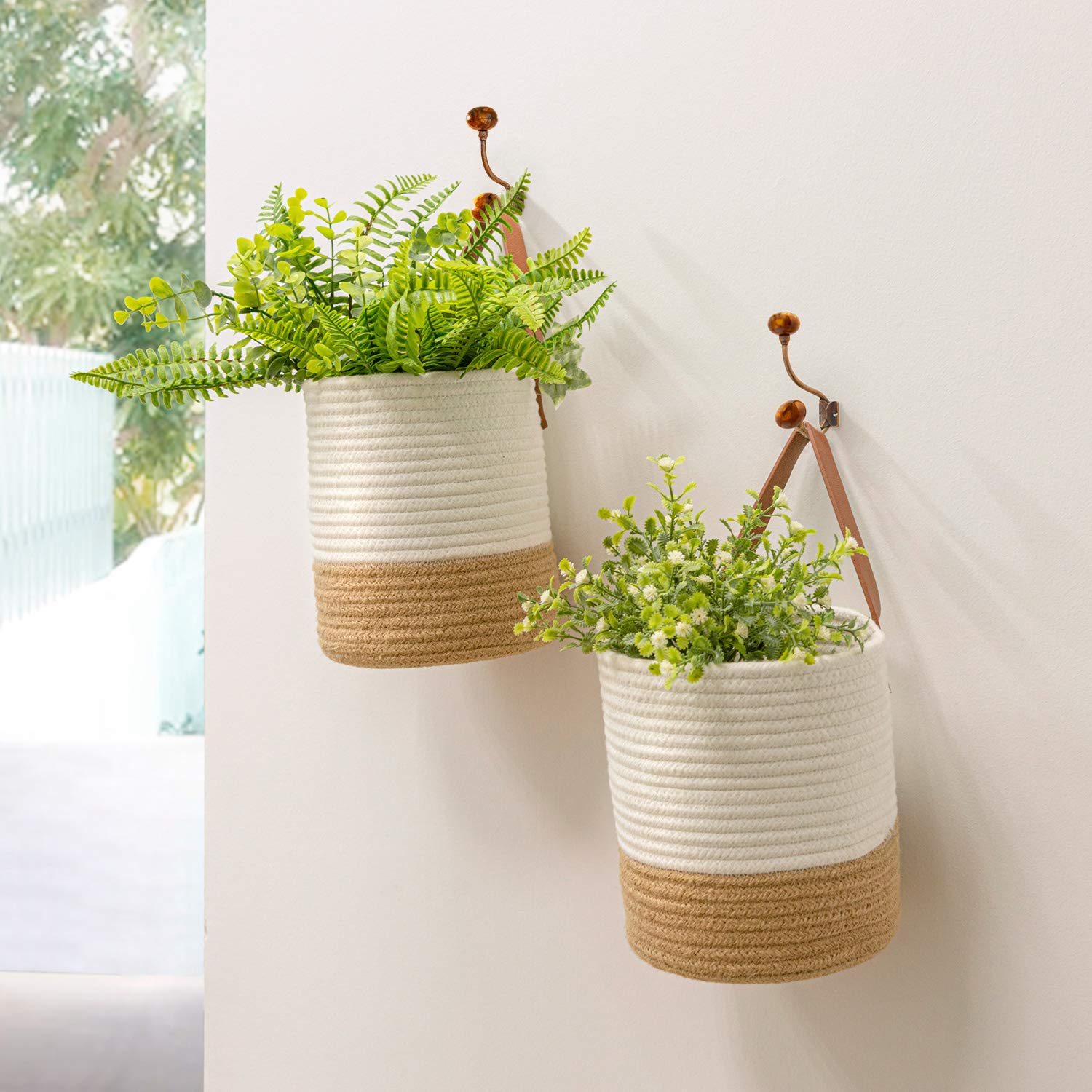 Goodpick 2Pack Jute Rope Hanging Basket - Small Woven Fern Wall Hanging Basket Flower Plants, Jute Woven Basket Key Storage Bask