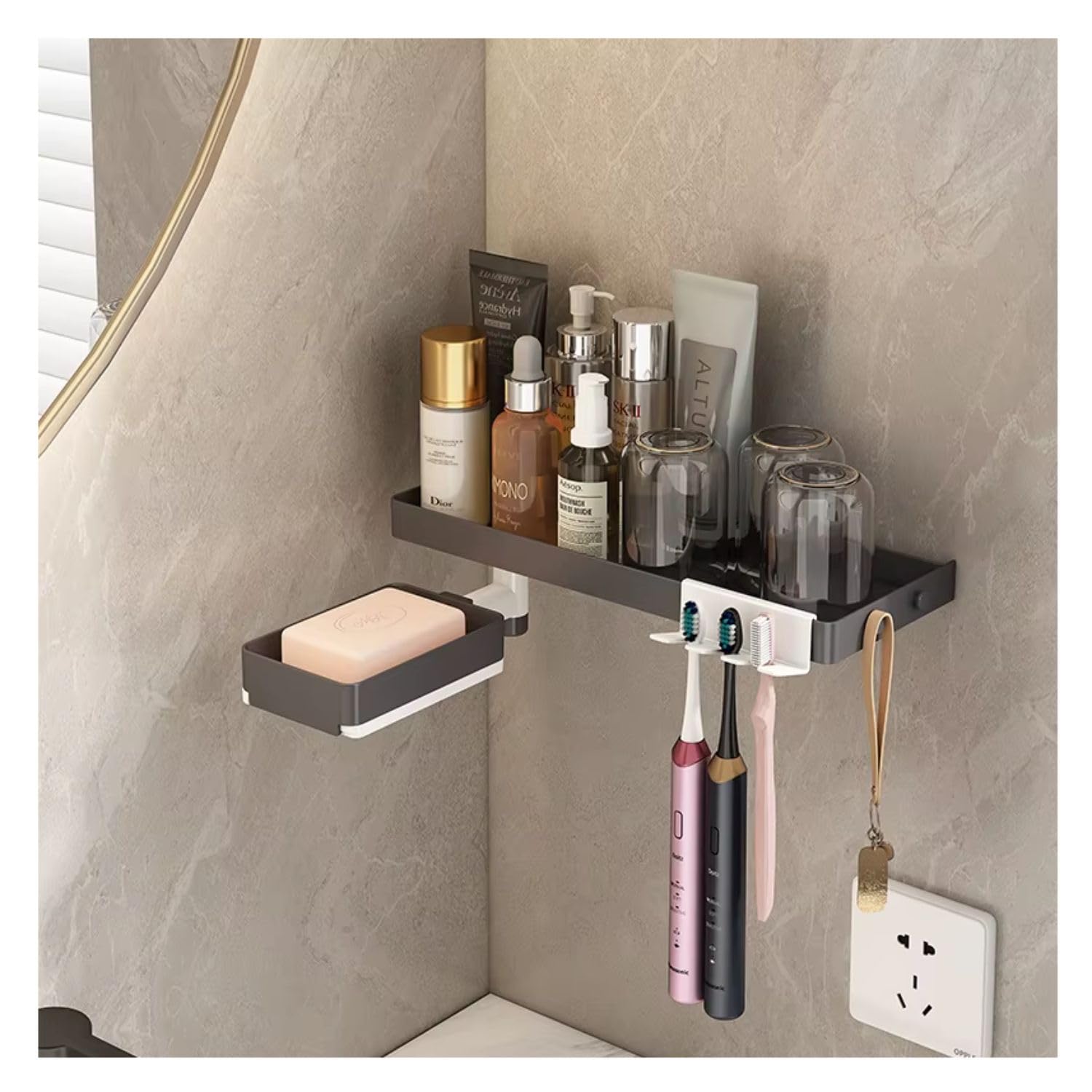 Shalvi Self Adhesive Toothbrush Holder Storage Rack With Soap Dish/Wall Mounted Plastic Shelf Organizer For Bathroom Accessories