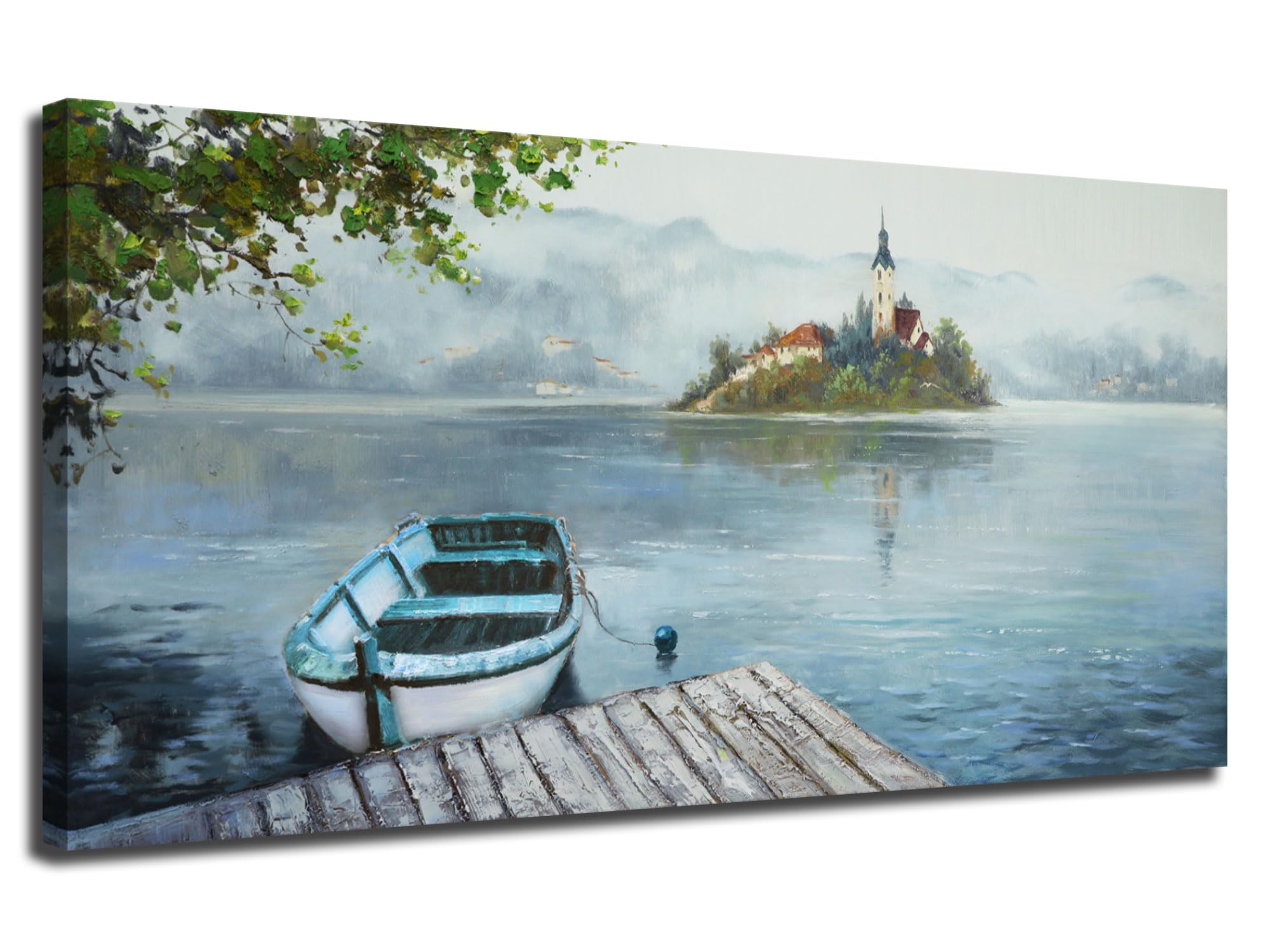 Ardemy Lake Canvas Wall Art Blue Grey Sky Nature Landscape Painting Boat Picture Modern Scenic Artwork Framed Large Size For Liv