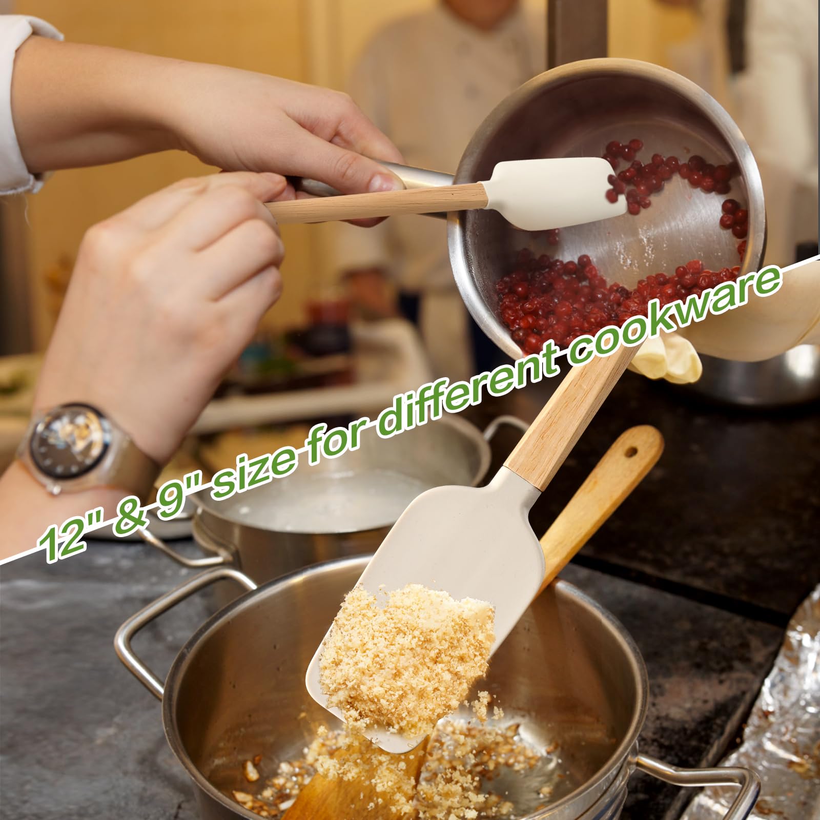 Lorisarm Wooden Long Handle Jar Spatulas, 12'' & 9'' Rubber Spatula Scraper Silicone Spatulas For For Jar, Blender, Bottle.