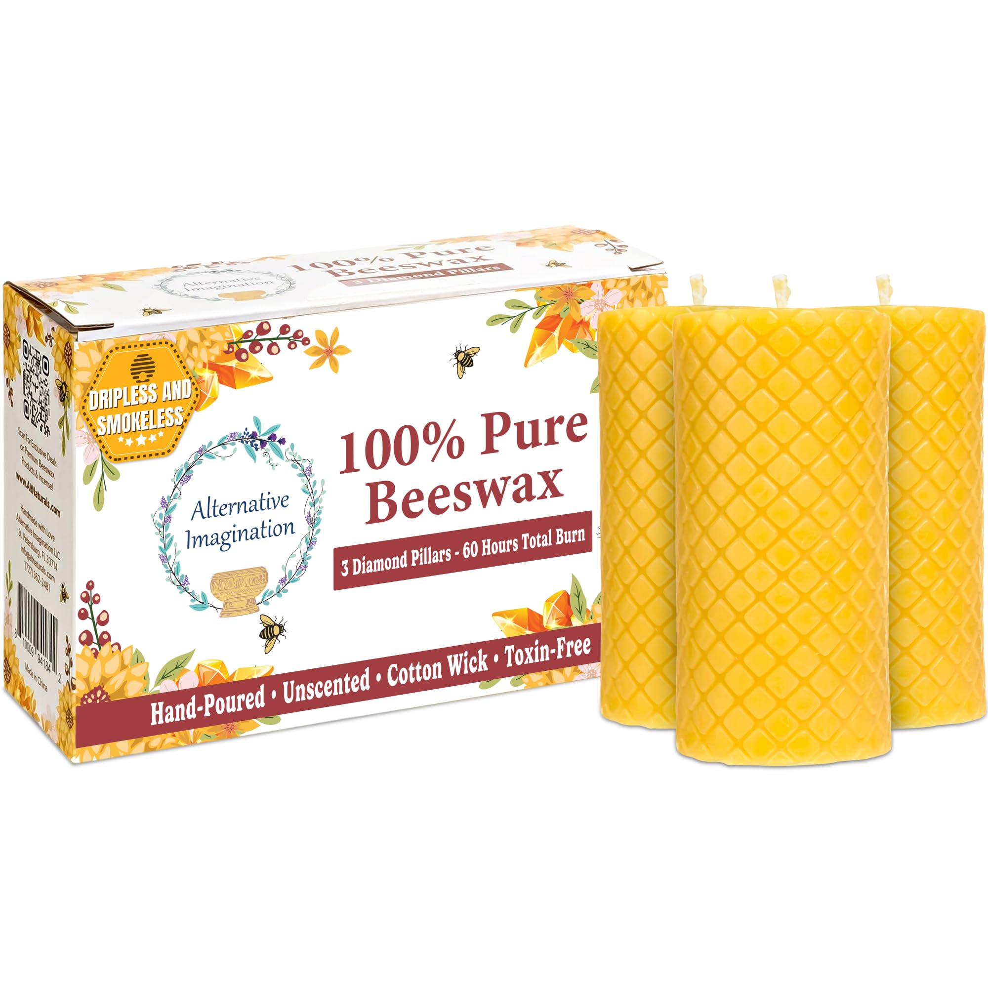 Alternative Imagination Diamond Beeswax Pillar Candles - 3 Pack of 2x4 Inch Unscented Candles - Hand-Poured - 100% Pure Beeswax 
