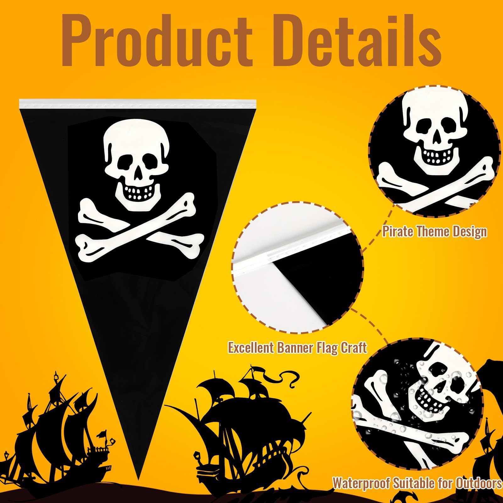 MARFOREVER 164 Ft Halloween Pirate Banner Bunting, 80 Pcs Pirate Birthday Party Decorations Skull Triangle Pennant Flag for Hall