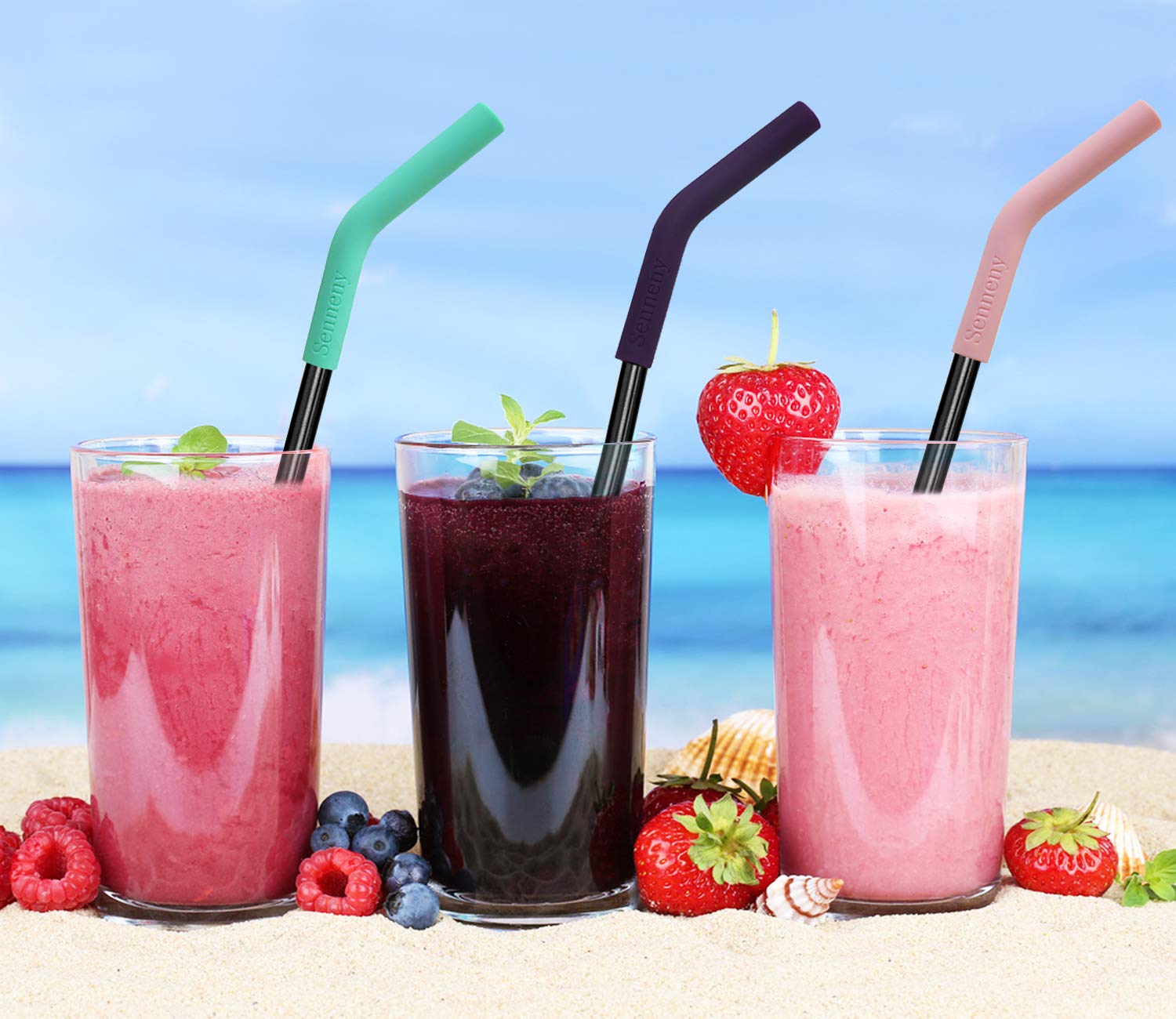 Senneny Set Of 5 Stainless Steel Straws With Silicone Flex Tips Elbows Cover, 2 Cleaning Brushes And 1 Portable Bag Included (Bl