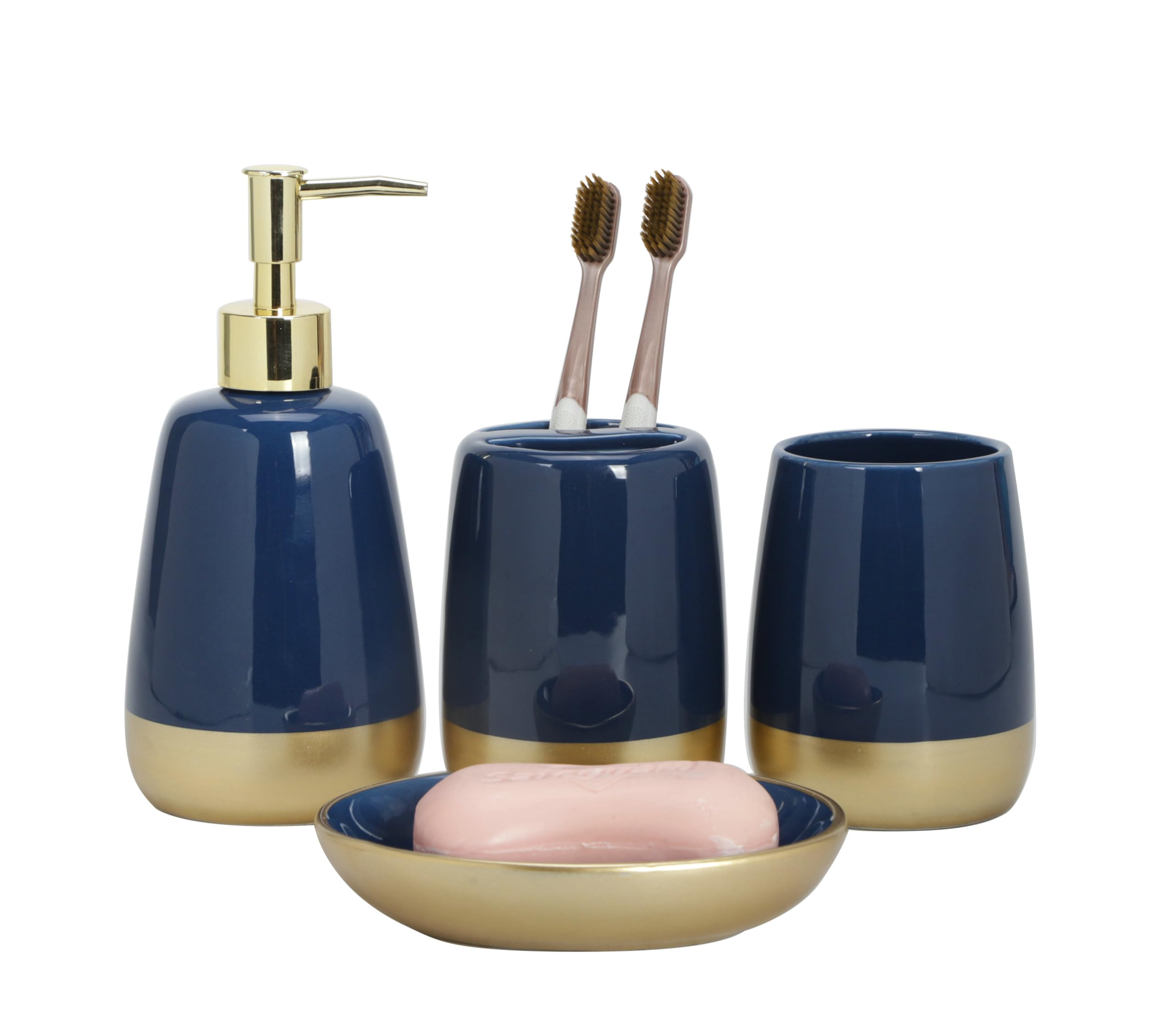 Navy Blue Gold Luxury Bathroom Accessories Set 4 Pieces,Vanity Countertop Ceramic Accessory Set For Bathroom Decor With Soap Dis