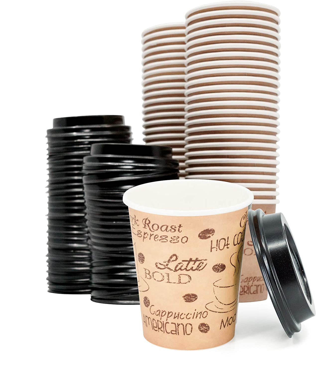 Ecodesign-Us 8 Ounce Disposable Paper Coffee Cups With Black Lids - 50 Sets - Double Shot Espresso Coffee To Go Medium Portion