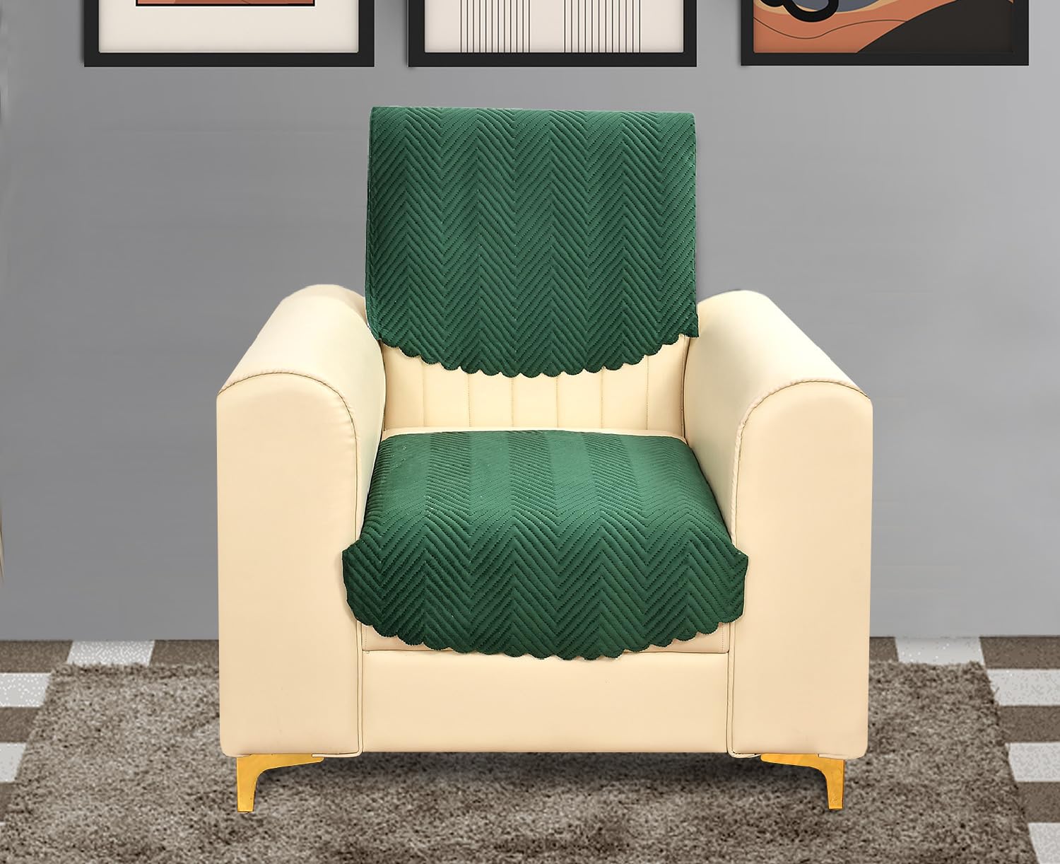 Yellow Weaves Velvet 1 Seater Quilted Sofa Chair Cover, Seat & Back Cover, Color - Dark Green