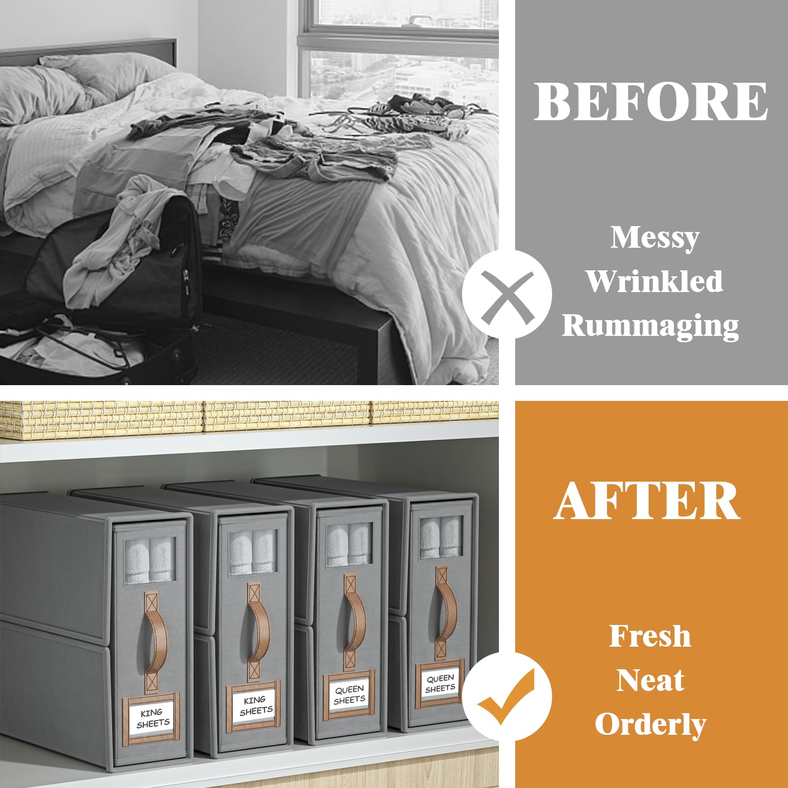 BigPonPon 4 Pack Foldable Bed Sheets Set Organizers and Storage(King & Queen Size),Linen Fabric Closet Organizers with Window,Fo