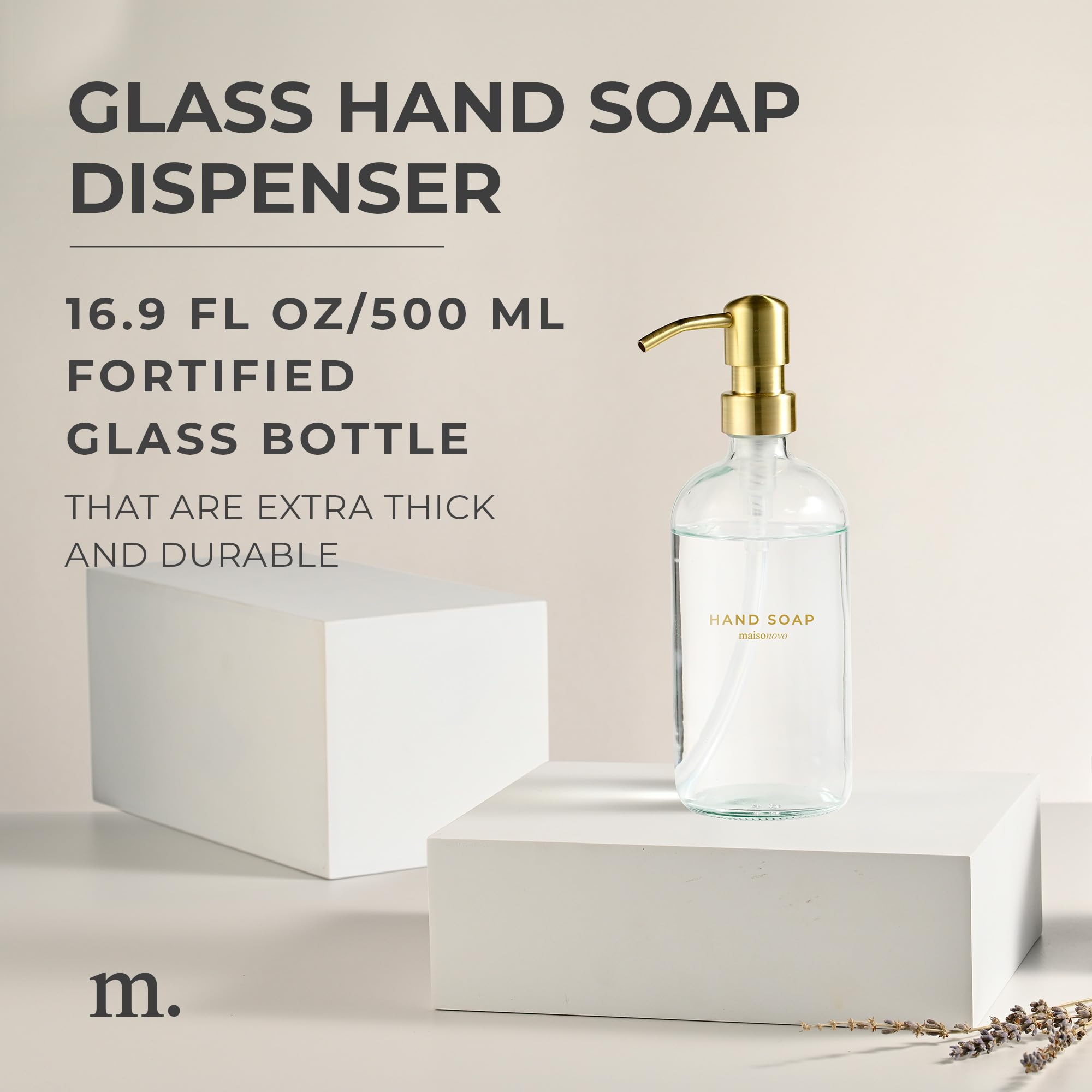 Maisonovo Hand Soap Dispenser For Bathroom | 16.9 Fl Oz Clear Glass Gold Pump X 1