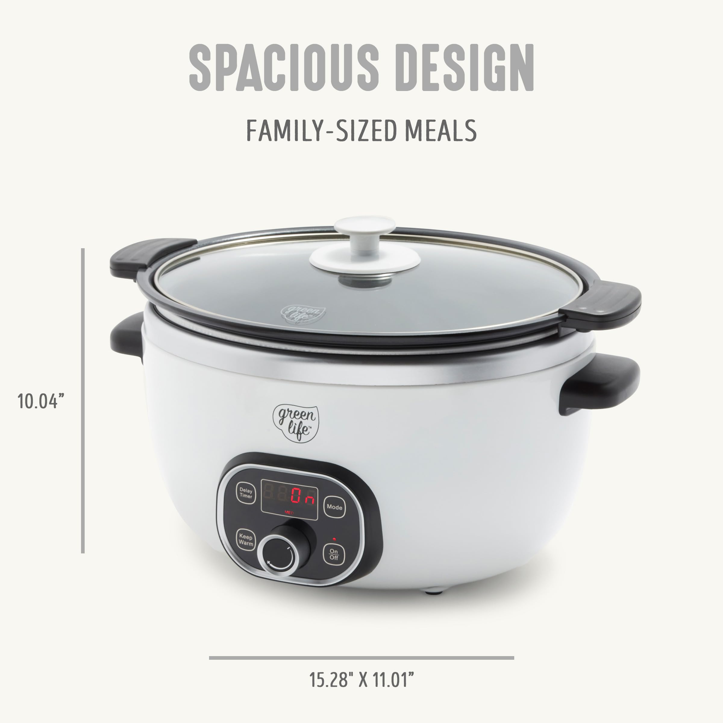 GreenLife 6QT Slow Cooker, PFAS-Free Ceramic Nonstick, Programmable, White, Model CC004774-001, Dishwasher Safe, Keep Warm Feature