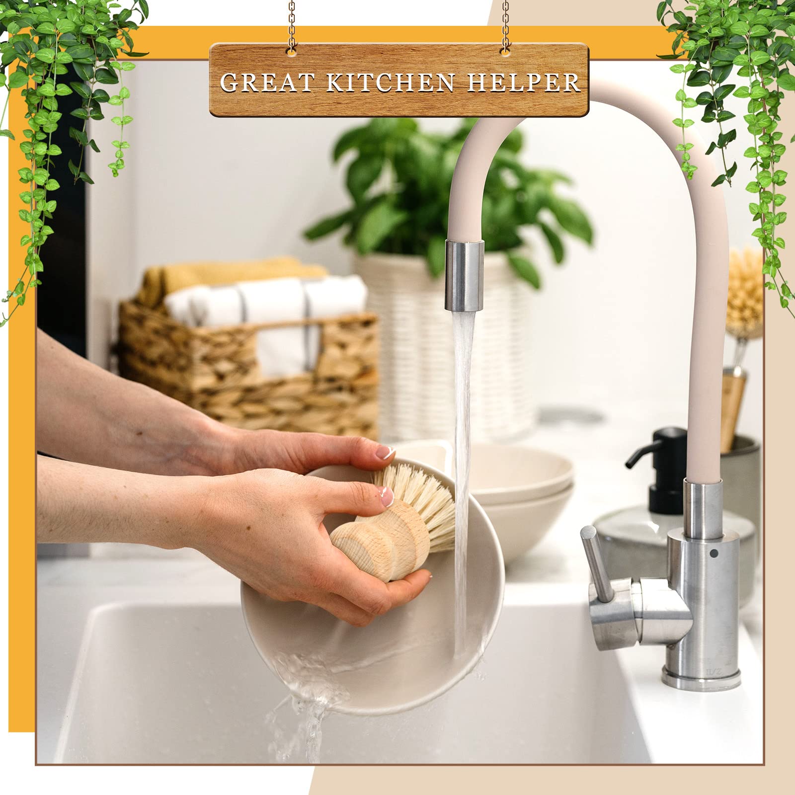 Queekay 12 Pcs Bamboo Dish Brush, Wooden Dish Scrub Brush Wood Dish Scrubber Sisal Bristle Kitchen Brushes For Dishes Cleaning M