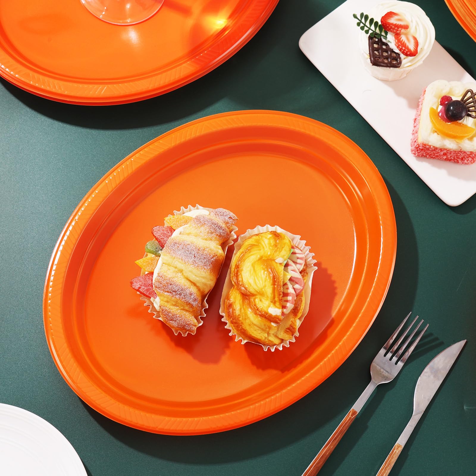 Bonsiny 50 Count Orange Plastic Plates Disposable 10'' X 12'' - Oval Plastic Dinner Plates For Birthday Wedding Picnic Valentine