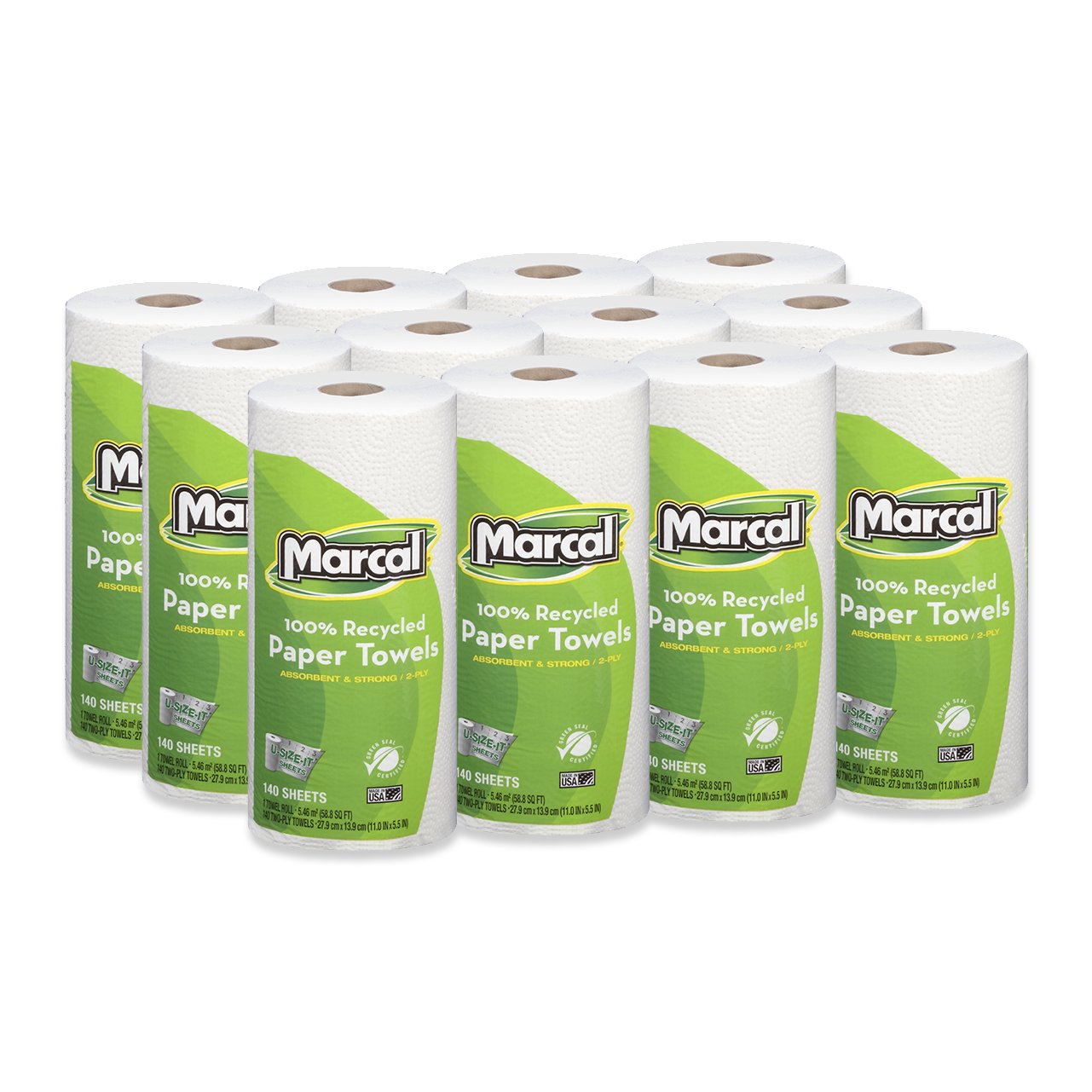 Marcal Paper Towels U-Size-It Sheets 2 Ply 140 Sheets Per Roll 100% Recycled - 12 ''Roll Out'' Rolls Per Case Green Seal Certifi