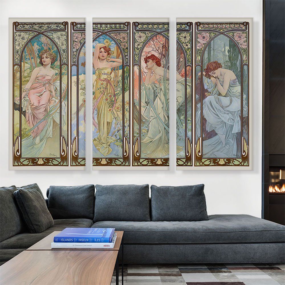 Artcanvas Times Of The Day Canvas Art Print Stretched Framed Painting Picture Poster Giclee Wall Decor By Alphonse Mucha - 90''