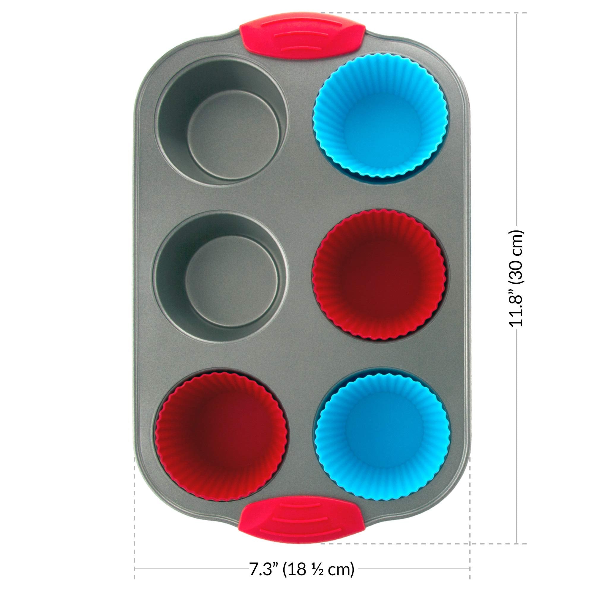 Boxiki Kitchen Non-Stick Steel 6 Cup Muffin Pan With Silicone Handles And Reusable Liners - Perfect For Baking Large Muffins And