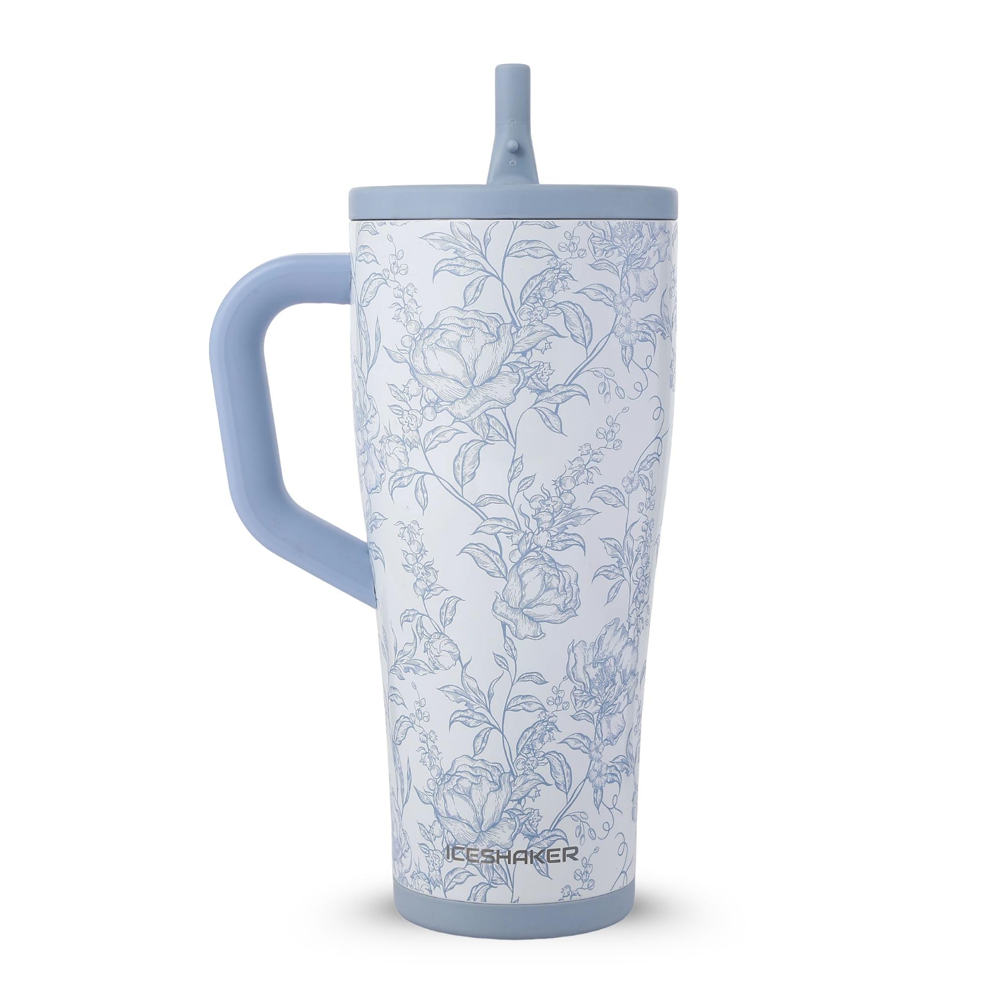 Ice Shaker 32 oz Tumbler with Handle and Straw | 32oz Bleu Toile | Cold for 30+ Hours | 2in1 Tumbler Shaker Bottle | OdorFree