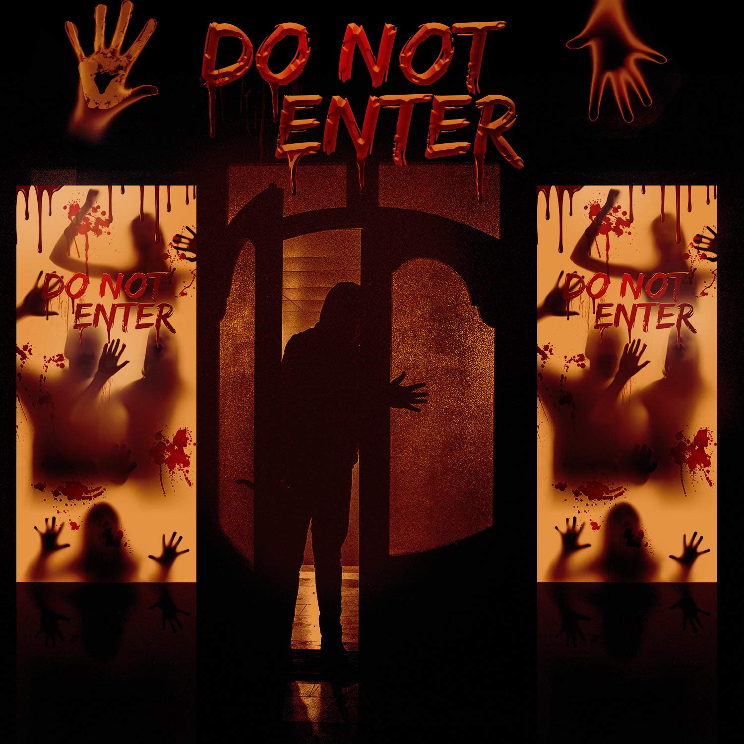 Large Halloween Window Door Cover Fabric Scary Handprint And Shadowy Figure Halloween Props Poster Banner For Halloween Spook Ho