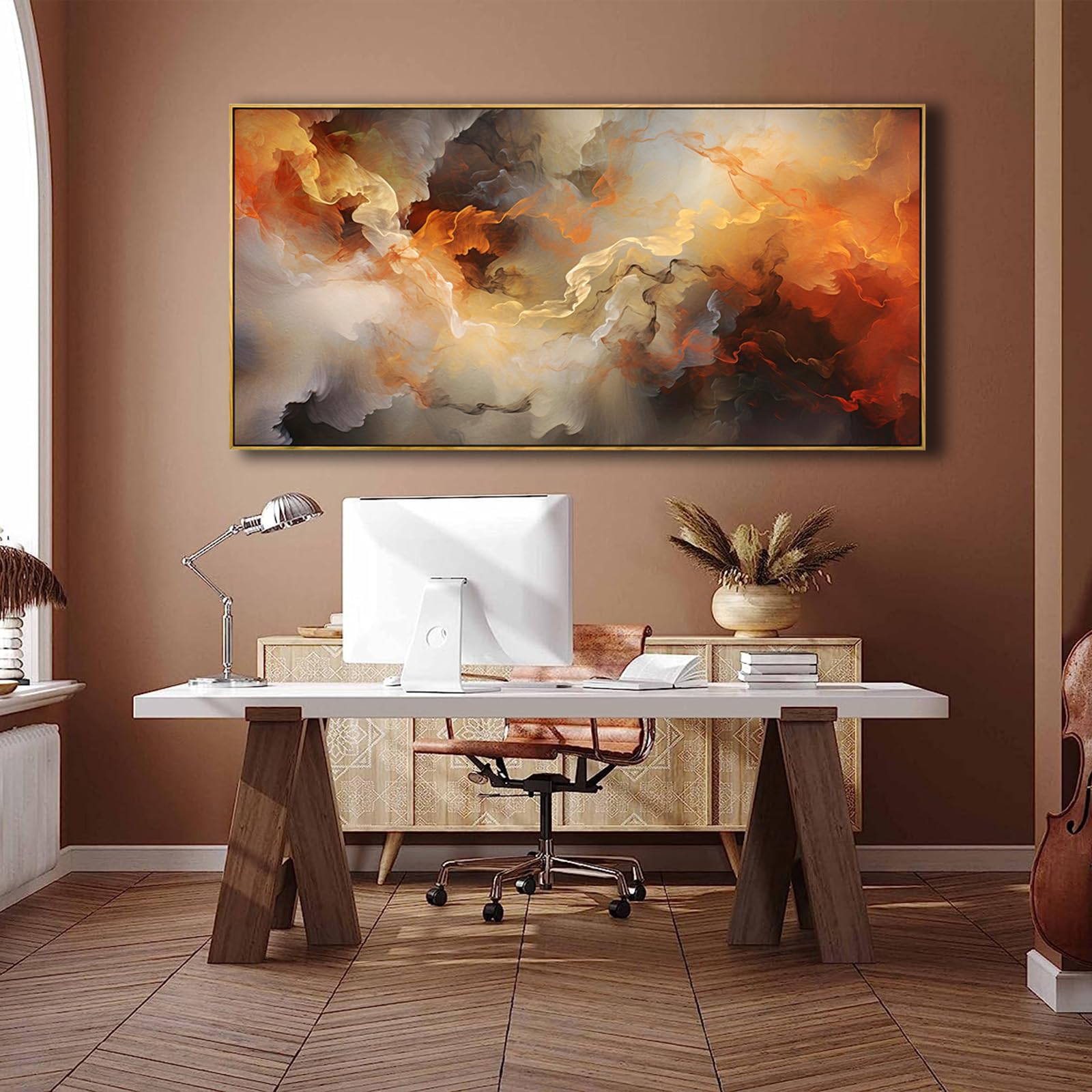 Abstract Wall Art Framed Orange White Canvas Home Artwor Decor Bedroom Living Room Decor Office Wall Decor 24X48 Inch
