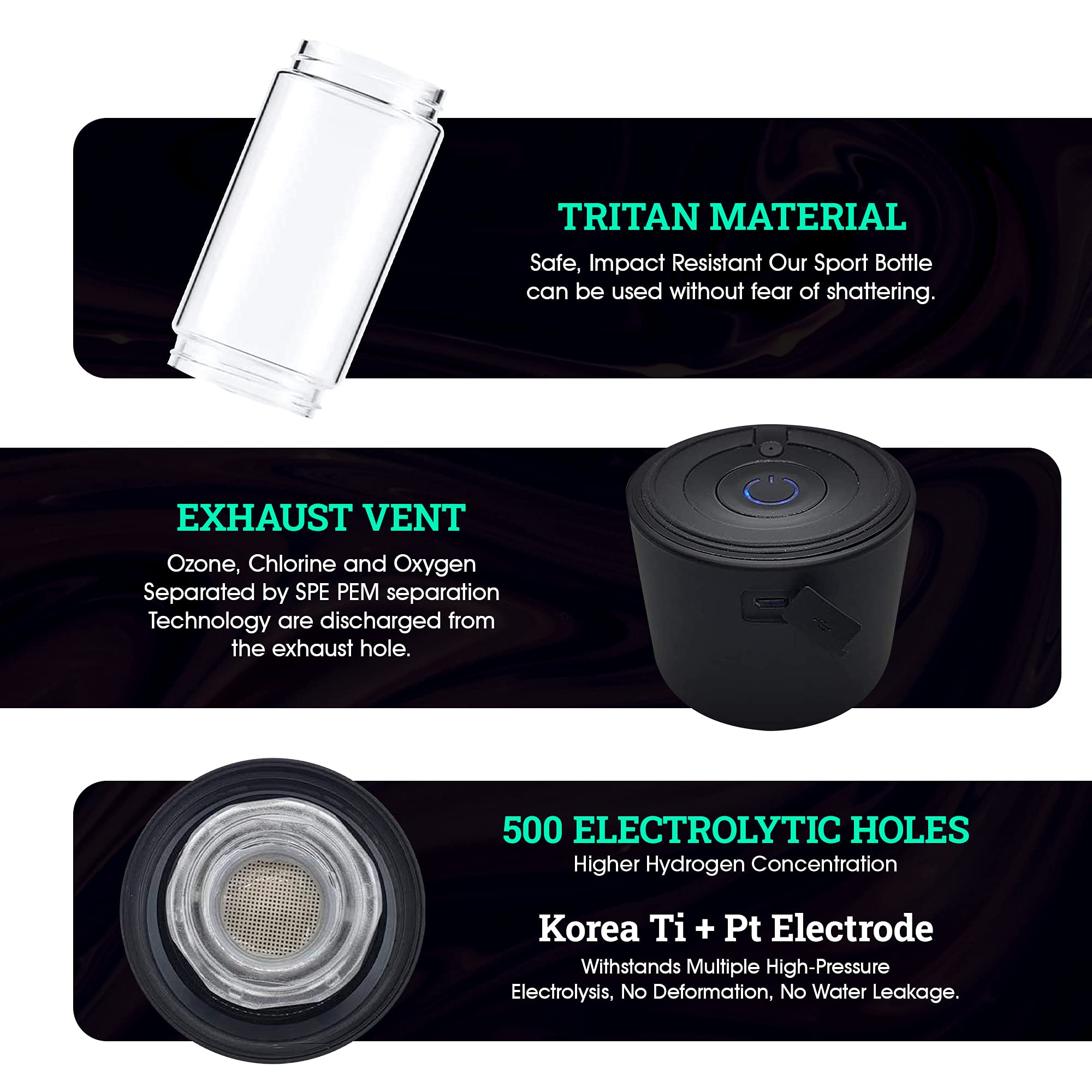 H2Wellness  - Molecular Hydrogen Water Bottle  400ml Portable Hydrogen Water Maker  Hydrogen Water Generator with Portable Inhaler Adapter and Self-Cleaning Mode  Black Tritan
