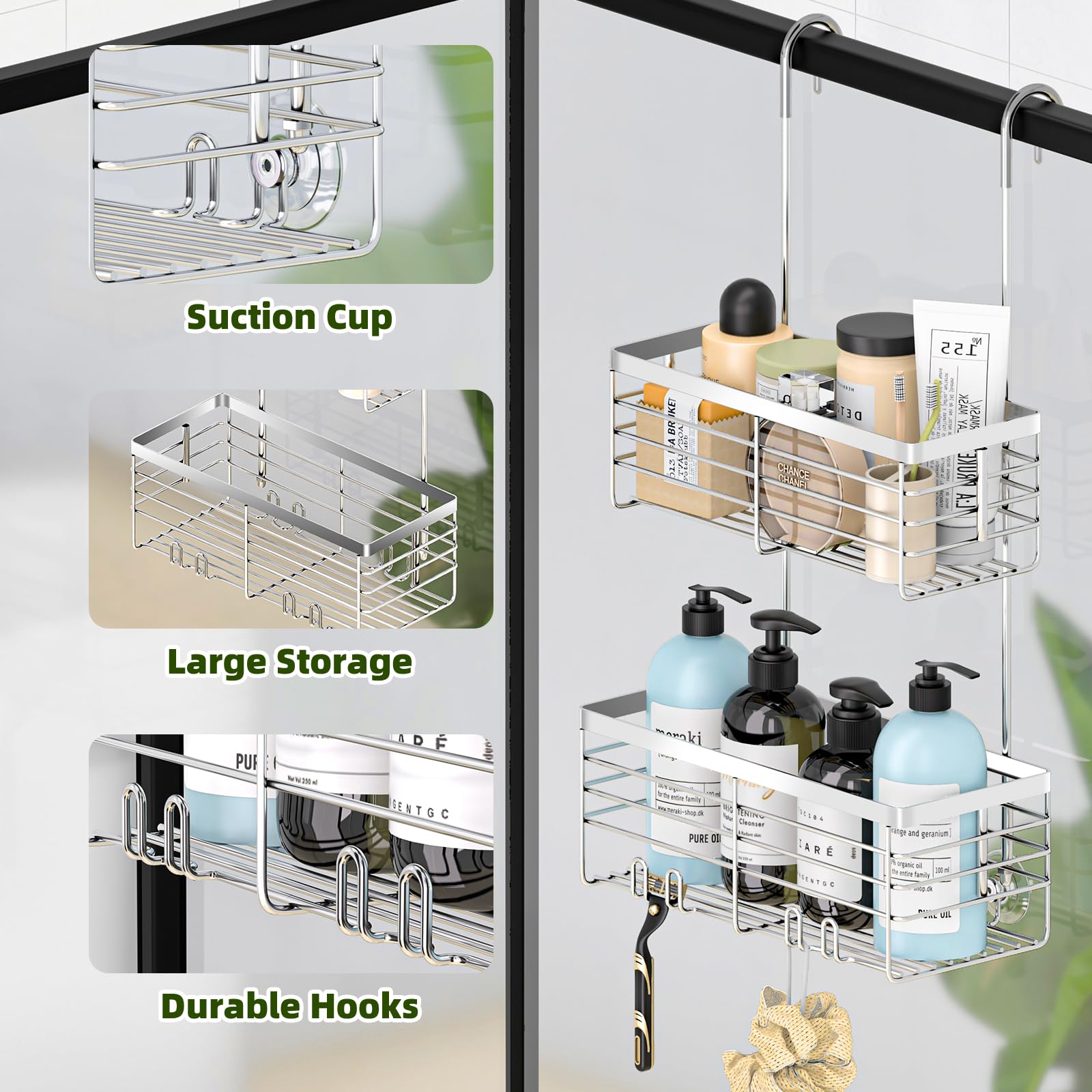 Yuoros Shower Caddy Hanging, 2 Tier Over The Door Shower Organizer Rack 304 Stainless Steel Rustproof (Elegant Silver)