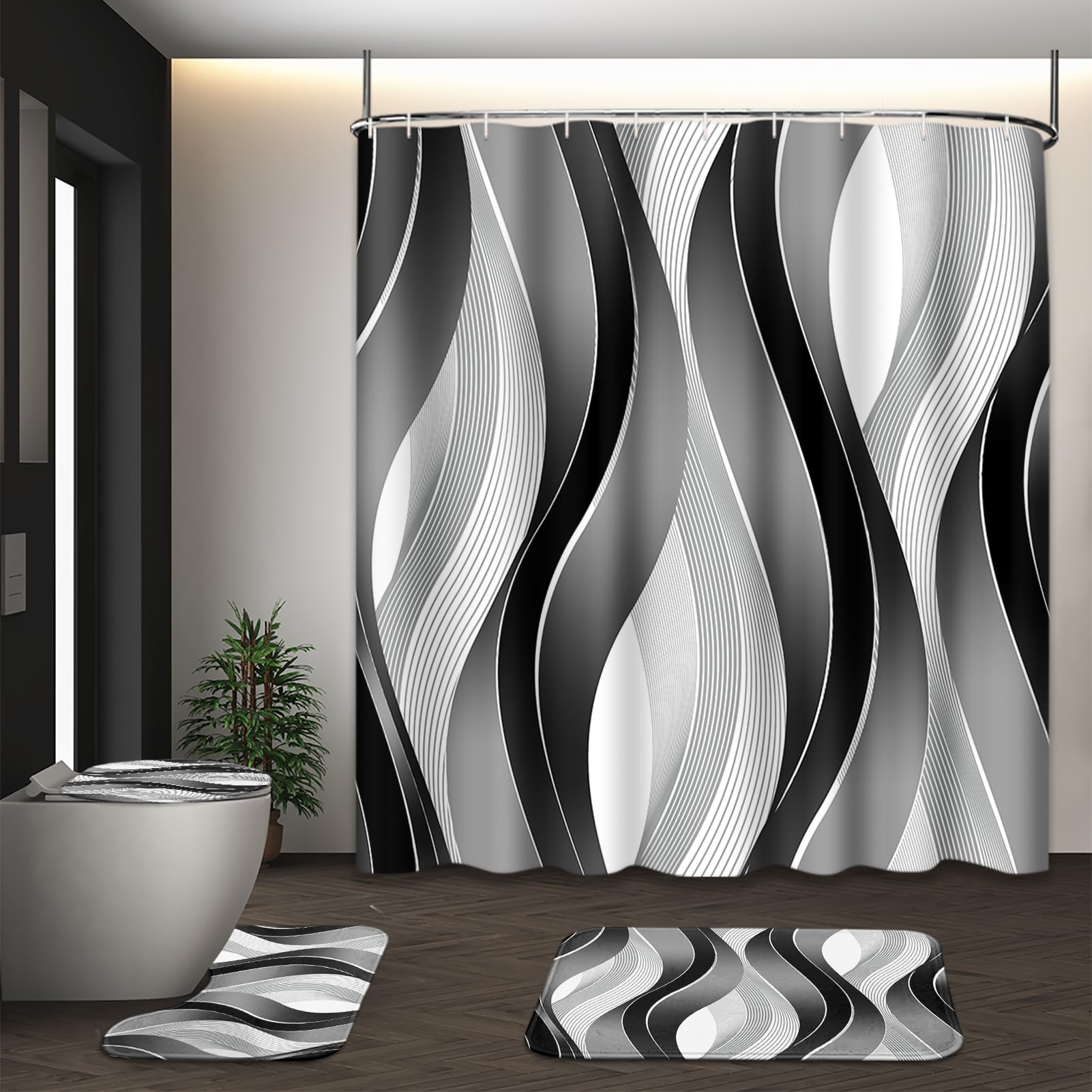 Tayney Grey Black Wavy Line Shower Curtain Set With Toilet Lid Cover And Non-Slip Rugs For Bathroom, Abstract Stripes 4 Pcs Show