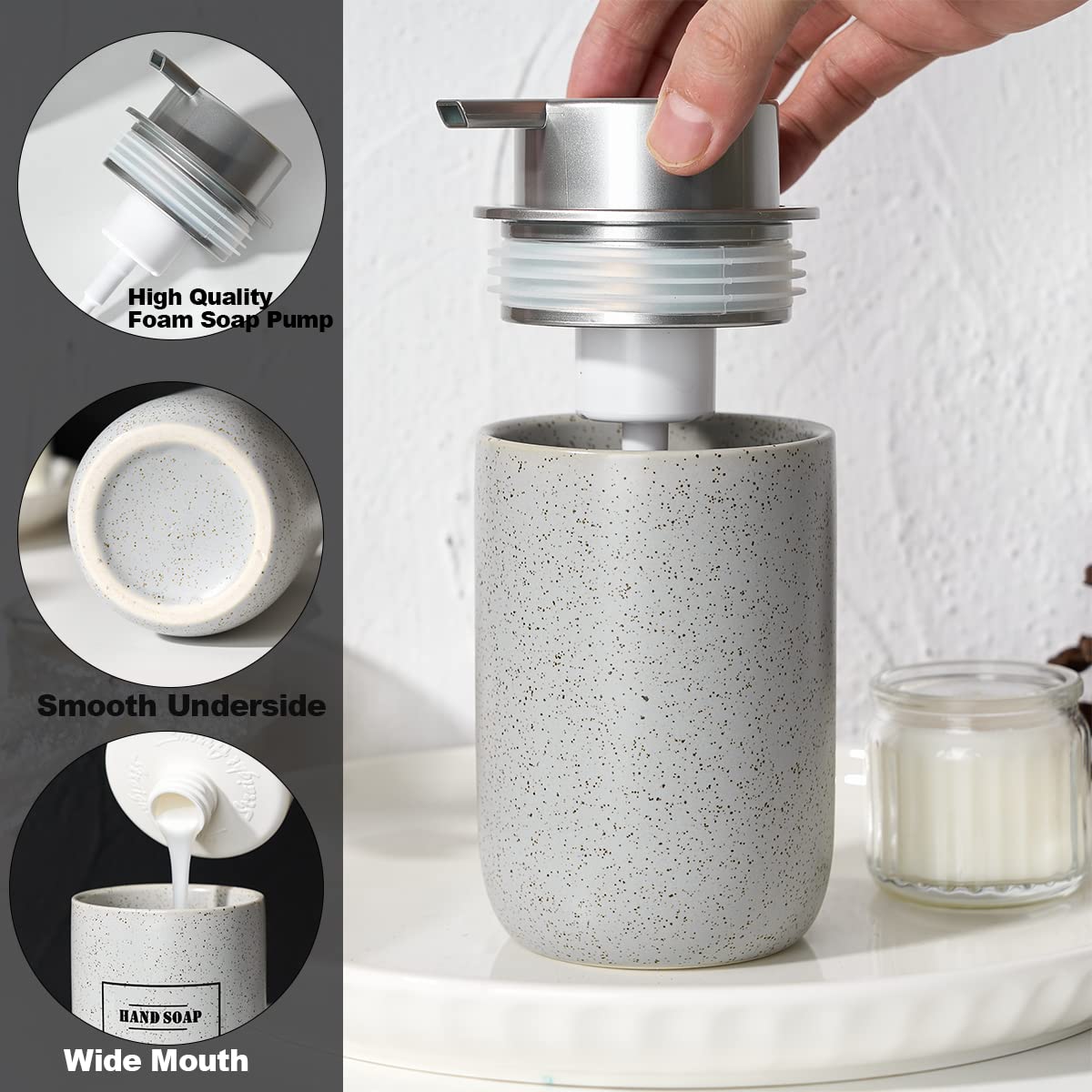 Girlufo Gray Foaming Soap Dispenser,Kitchen Soap Dispenser With Plastic Silver Soap Pump,Ceramic Foam Soap Dispenser For Bathroo