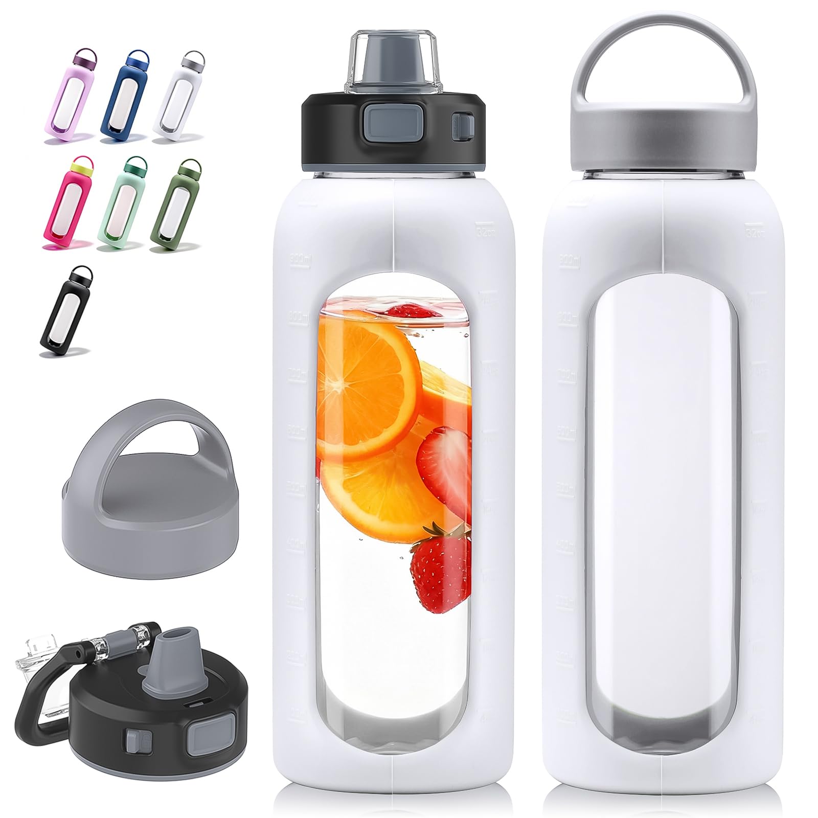 Kodrine Glass Water Bottle 32 oz-White/Borosilicate Glass Motivational Water Bottle with Straw and 2 Lids,Silicone Sleeve,Time M