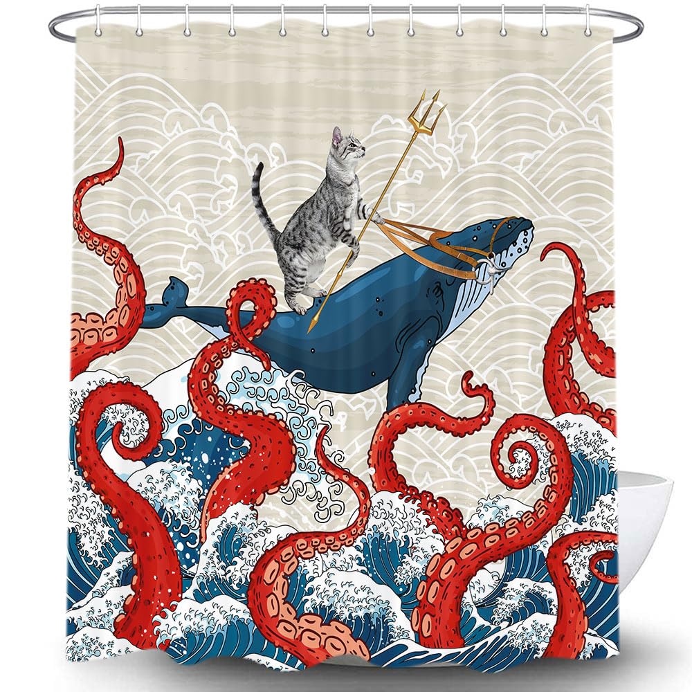 Uokiuki Funny Cat Whale Shower Curtain, Red Kraken Octopus Japanese Ocean Wave With Chinese Auspicious Clouds Shower Curtain Wit