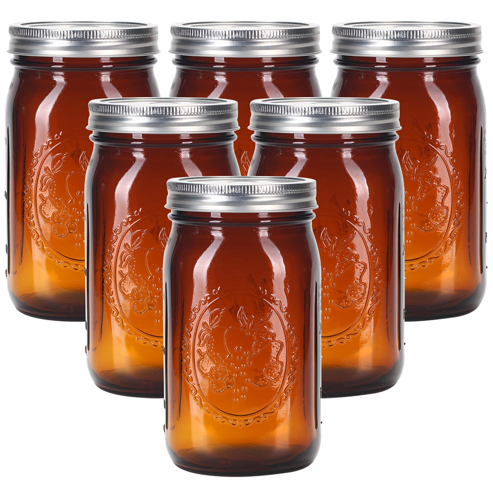 Eleganttime Amber Glass Mason Jars 32 Oz Wide Mouth With Airtight Lids And Bands 6 Pack Large Glass Canning Mason Jars Quart,Gre